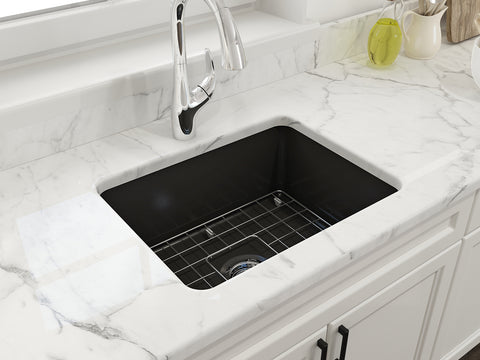 BOCCHI Sotto 24" Dual Mount Fireclay Kitchen Sink Kit with Accessories, Matte Black, 1627-004-0120