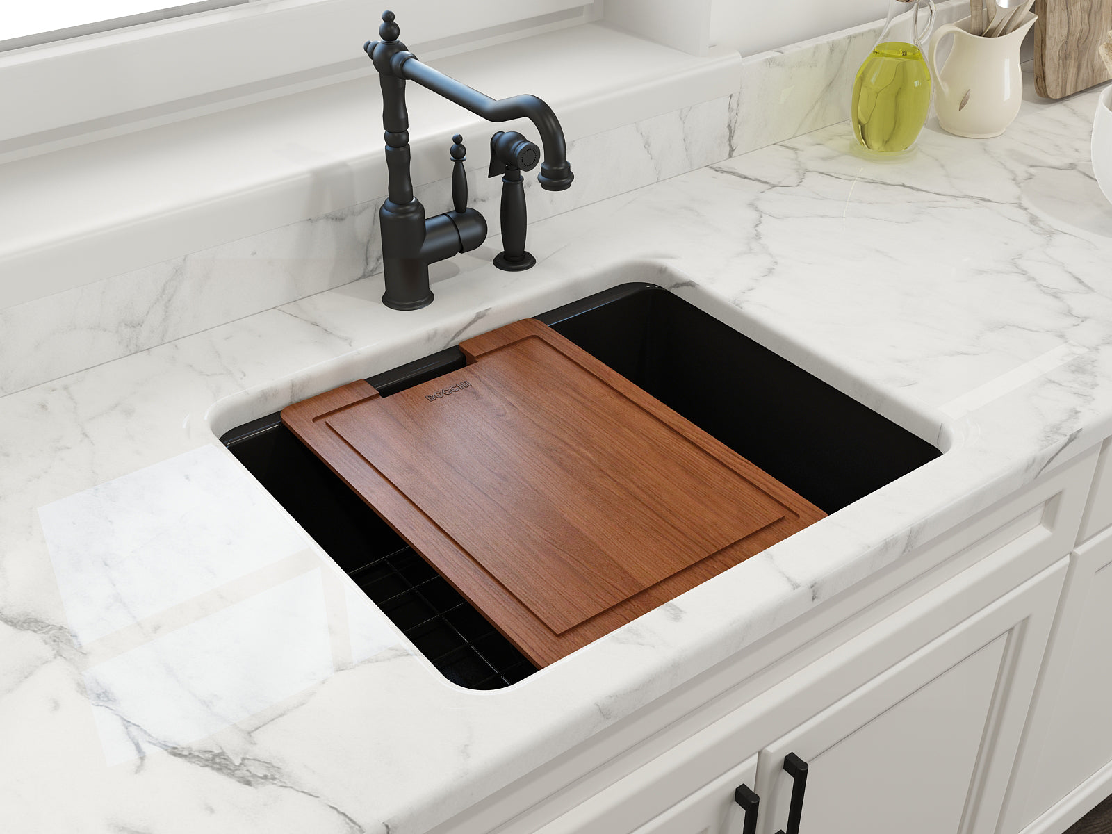 BOCCHI Sotto 24" Dual Mount Fireclay Kitchen Sink Kit with Accessories, Matte Black, 1627-004-0120