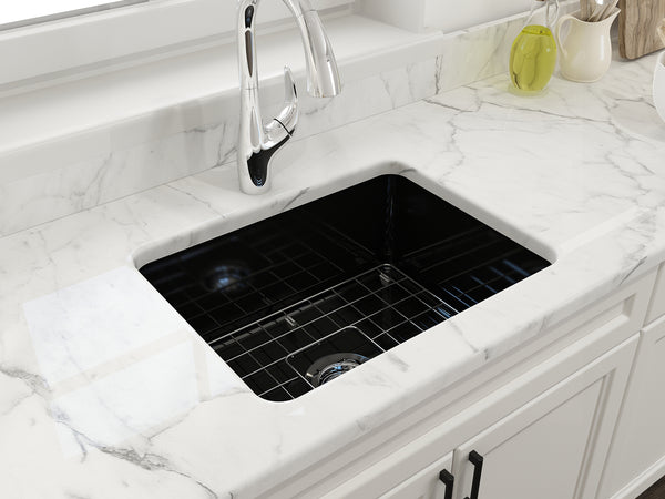 BOCCHI Sotto 24" Dual Mount Fireclay Kitchen Sink Kit with Accessories, Black, 1627-005-0120