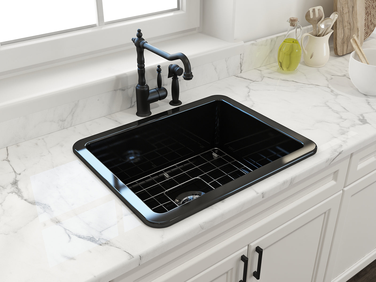 BOCCHI Sotto 24" Dual Mount Fireclay Kitchen Sink Kit with Accessories, Black, 1627-005-0120