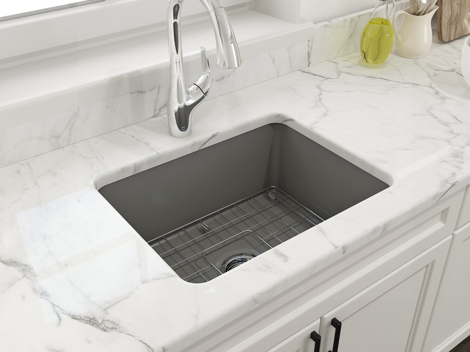 BOCCHI Sotto 24" Dual Mount Fireclay Kitchen Sink Kit with Accessories, Matte Gray, 1627-006-0120