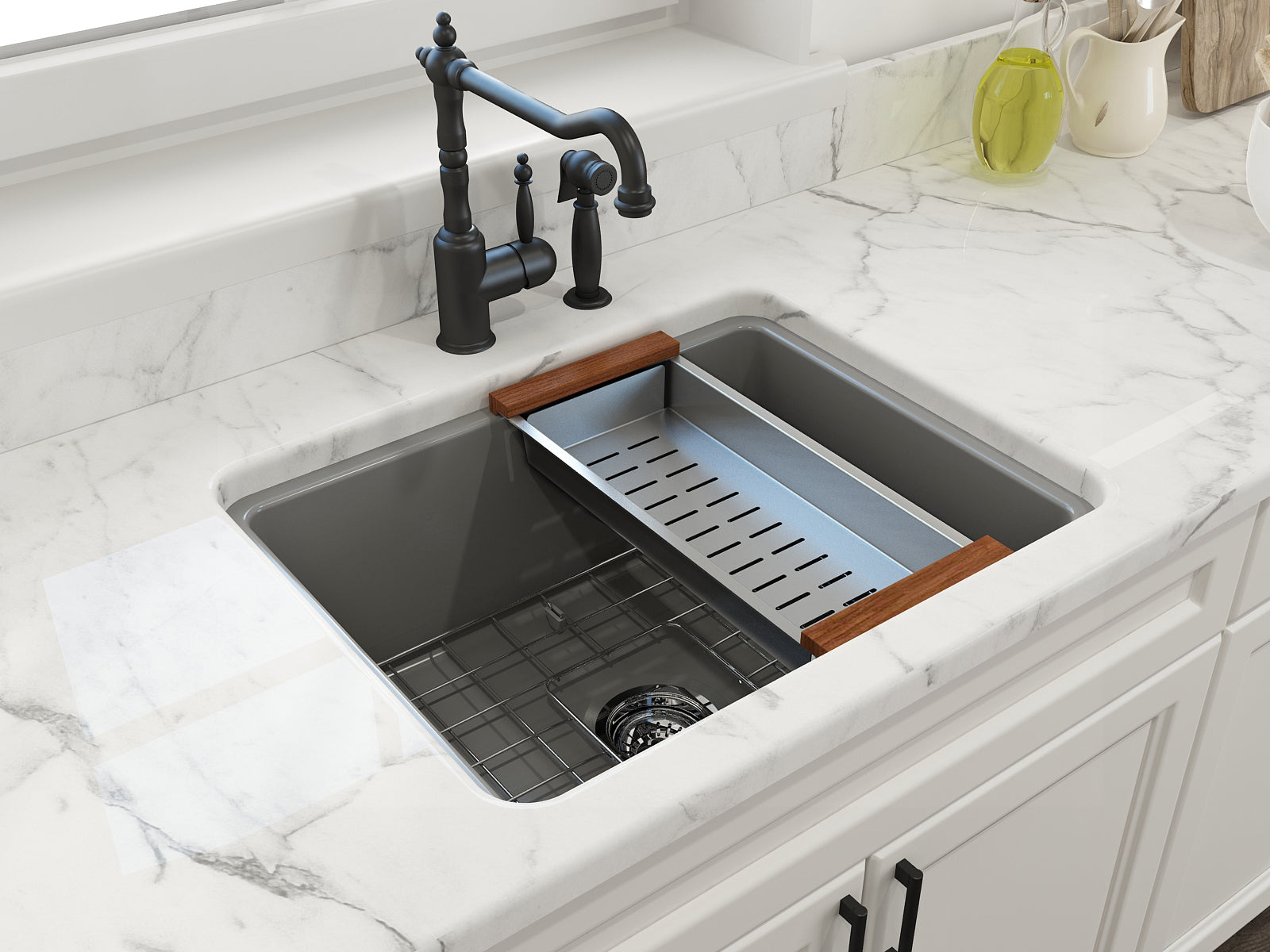 BOCCHI Sotto 24" Dual Mount Fireclay Kitchen Sink Kit with Accessories, Matte Gray, 1627-006-0120