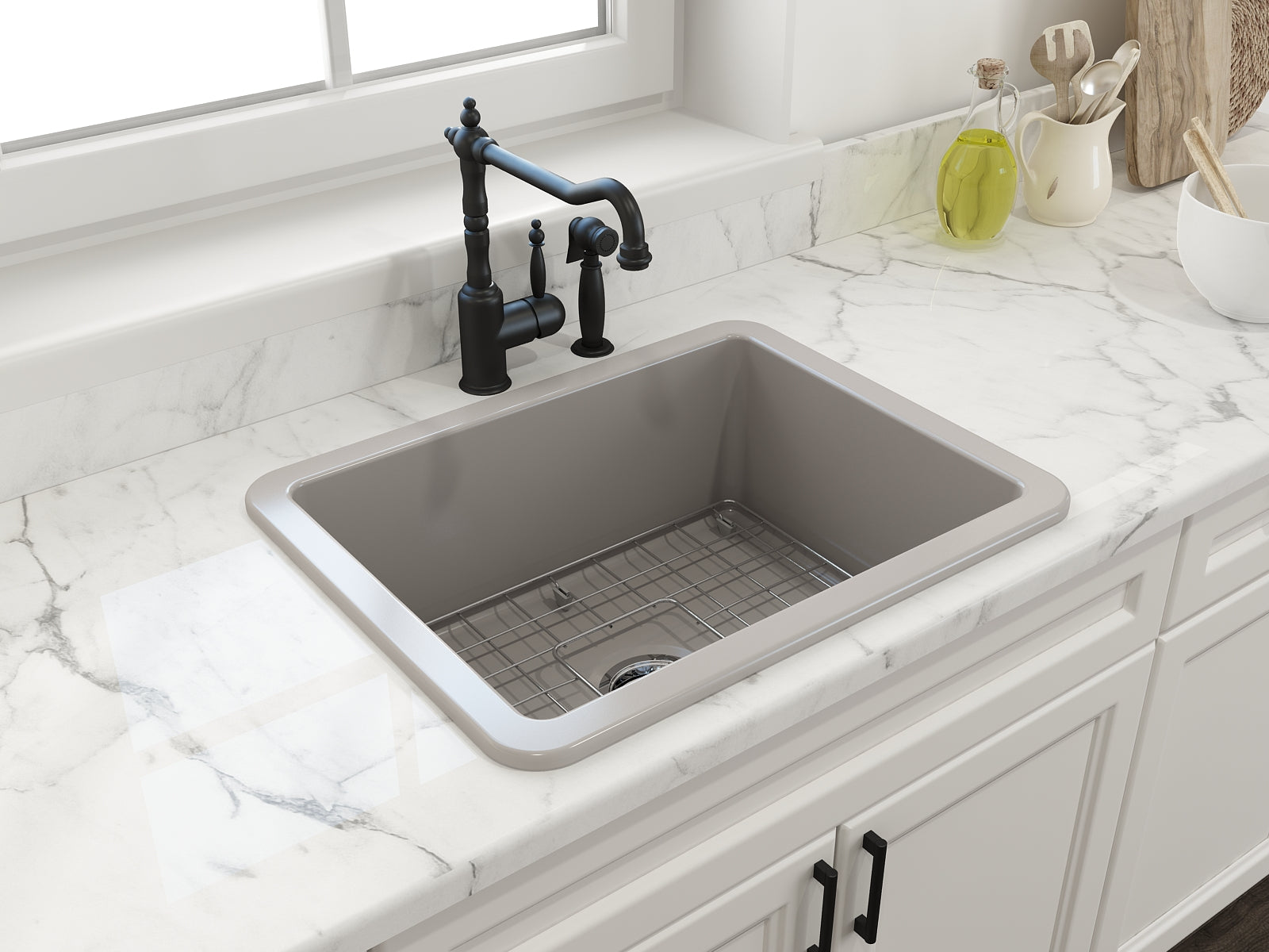 BOCCHI Sotto 24" Dual Mount Fireclay Kitchen Sink Kit with Accessories, Matte Gray, 1627-006-0120