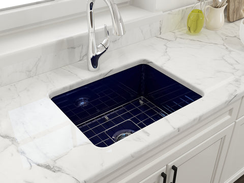 BOCCHI Sotto 24" Dual Mount Fireclay Kitchen Sink Kit with Accessories, Sapphire Blue, 1627-010-0120