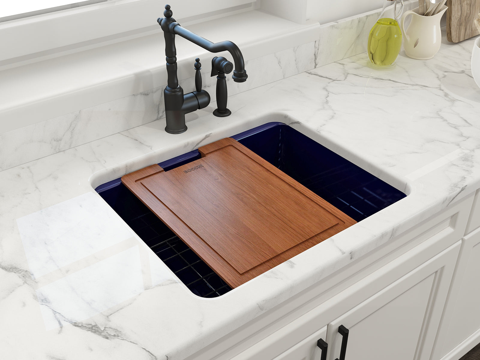 BOCCHI Sotto 24" Dual Mount Fireclay Kitchen Sink Kit with Accessories, Sapphire Blue, 1627-010-0120