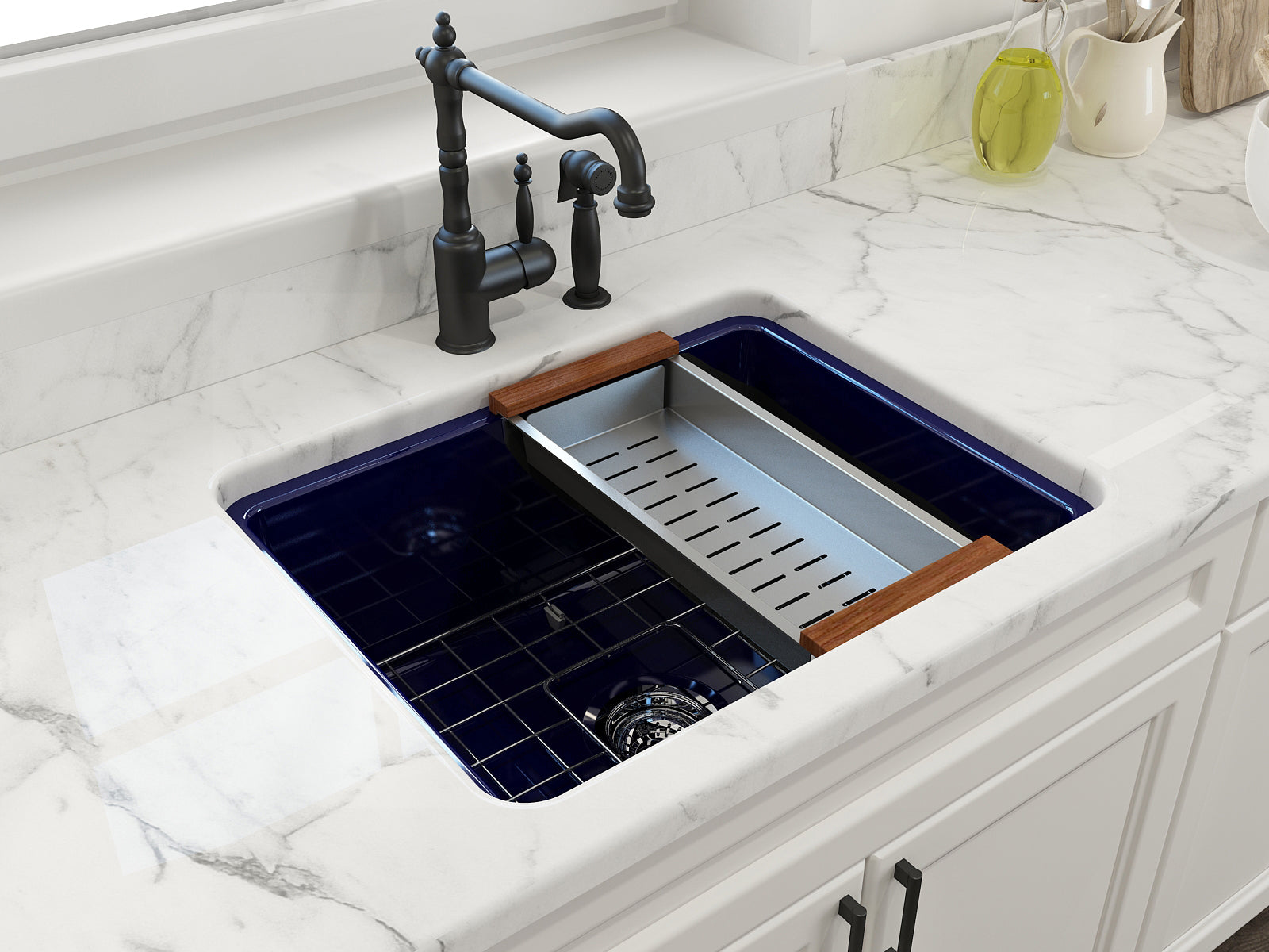 BOCCHI Sotto 24" Dual Mount Fireclay Kitchen Sink Kit with Accessories, Sapphire Blue, 1627-010-0120