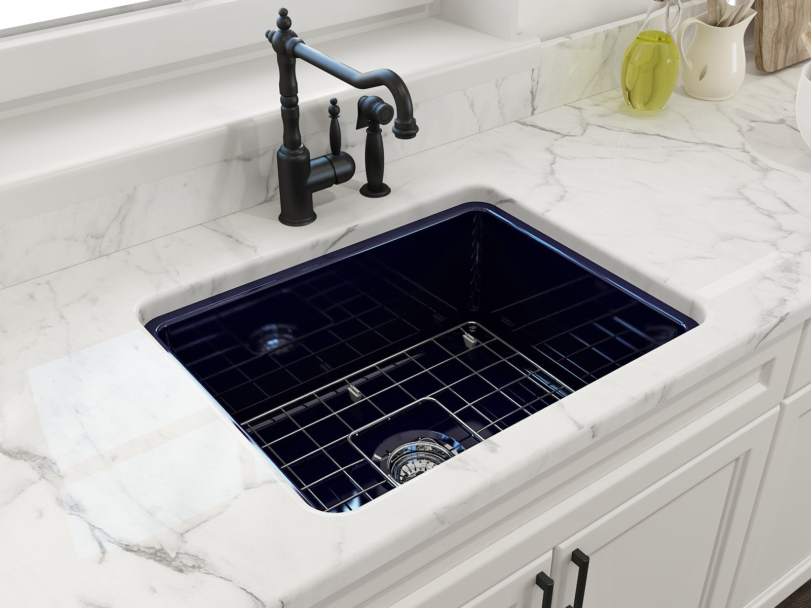 BOCCHI Sotto 24" Dual Mount Fireclay Kitchen Sink Kit with Accessories, Sapphire Blue, 1627-010-0120