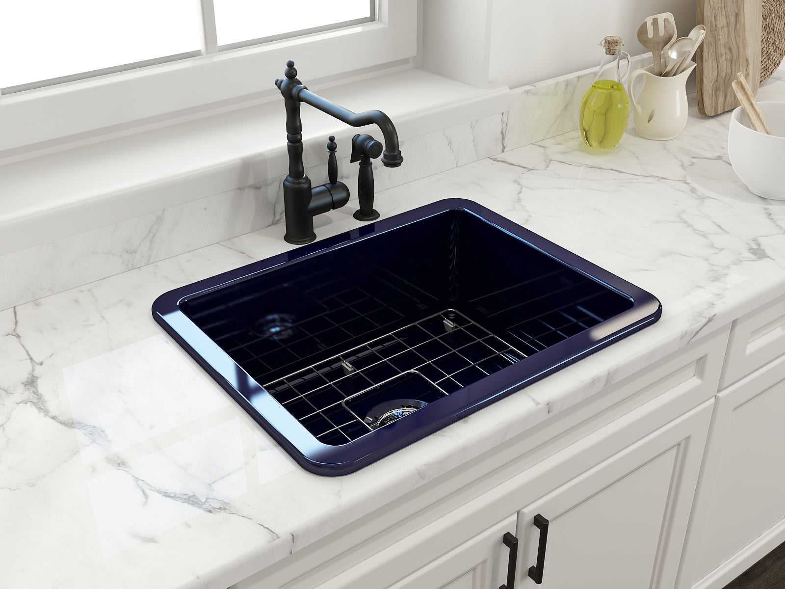 BOCCHI Sotto 24" Dual Mount Fireclay Kitchen Sink Kit with Accessories, Sapphire Blue, 1627-010-0120