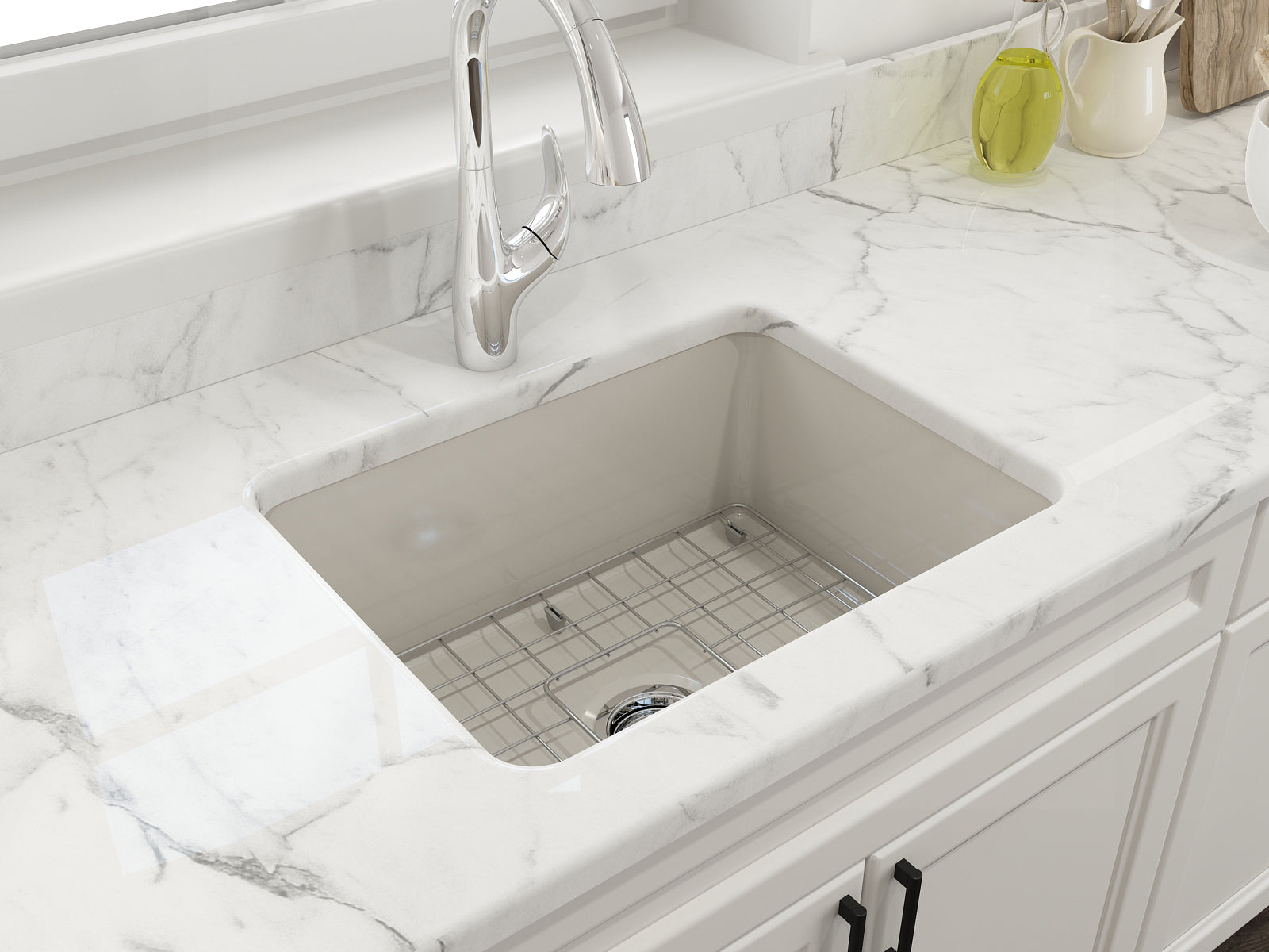 BOCCHI Sotto 24" Dual Mount Fireclay Kitchen Sink Kit with Accessories, Biscuit, 1627-014-0120