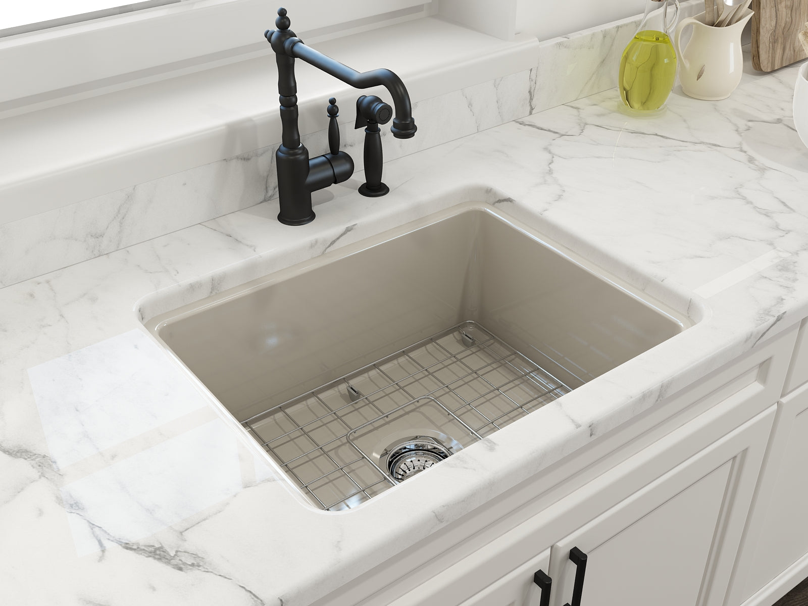 BOCCHI Sotto 24" Dual Mount Fireclay Kitchen Sink Kit with Accessories, Biscuit, 1627-014-0120