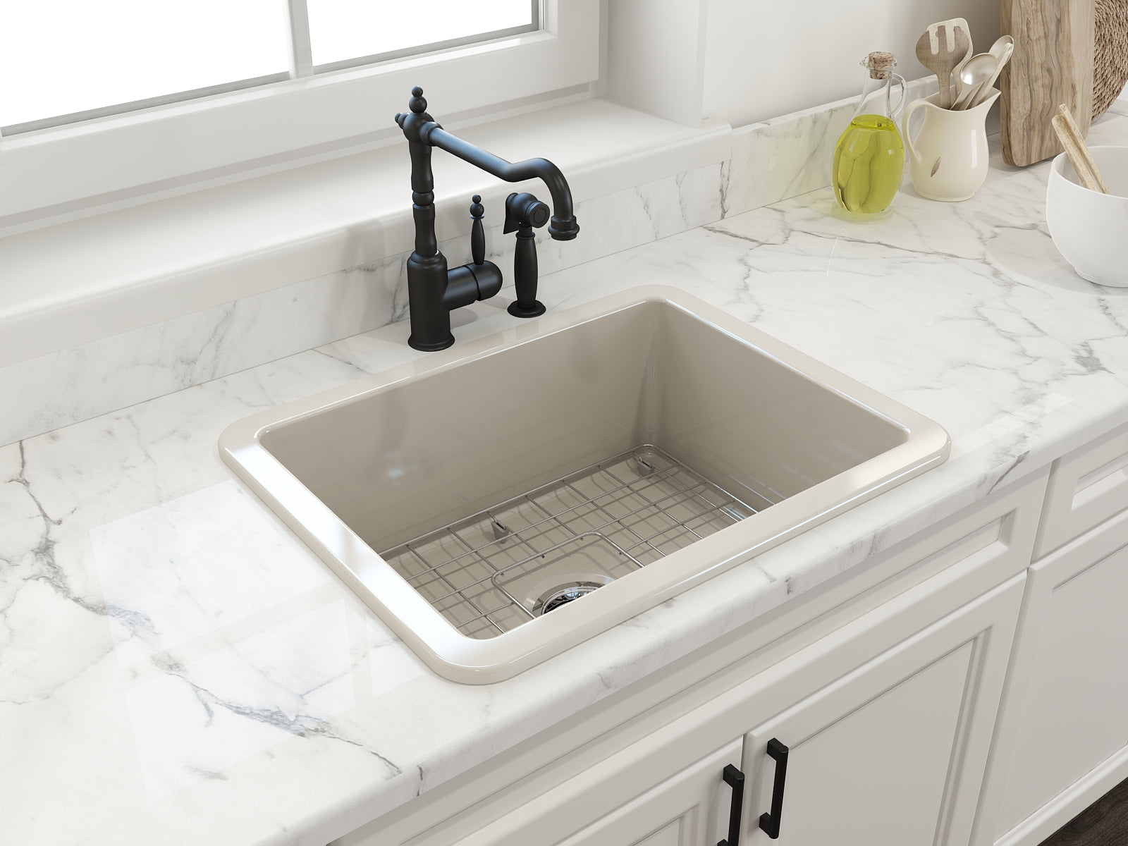 BOCCHI Sotto 24" Dual Mount Fireclay Kitchen Sink Kit with Accessories, Biscuit, 1627-014-0120