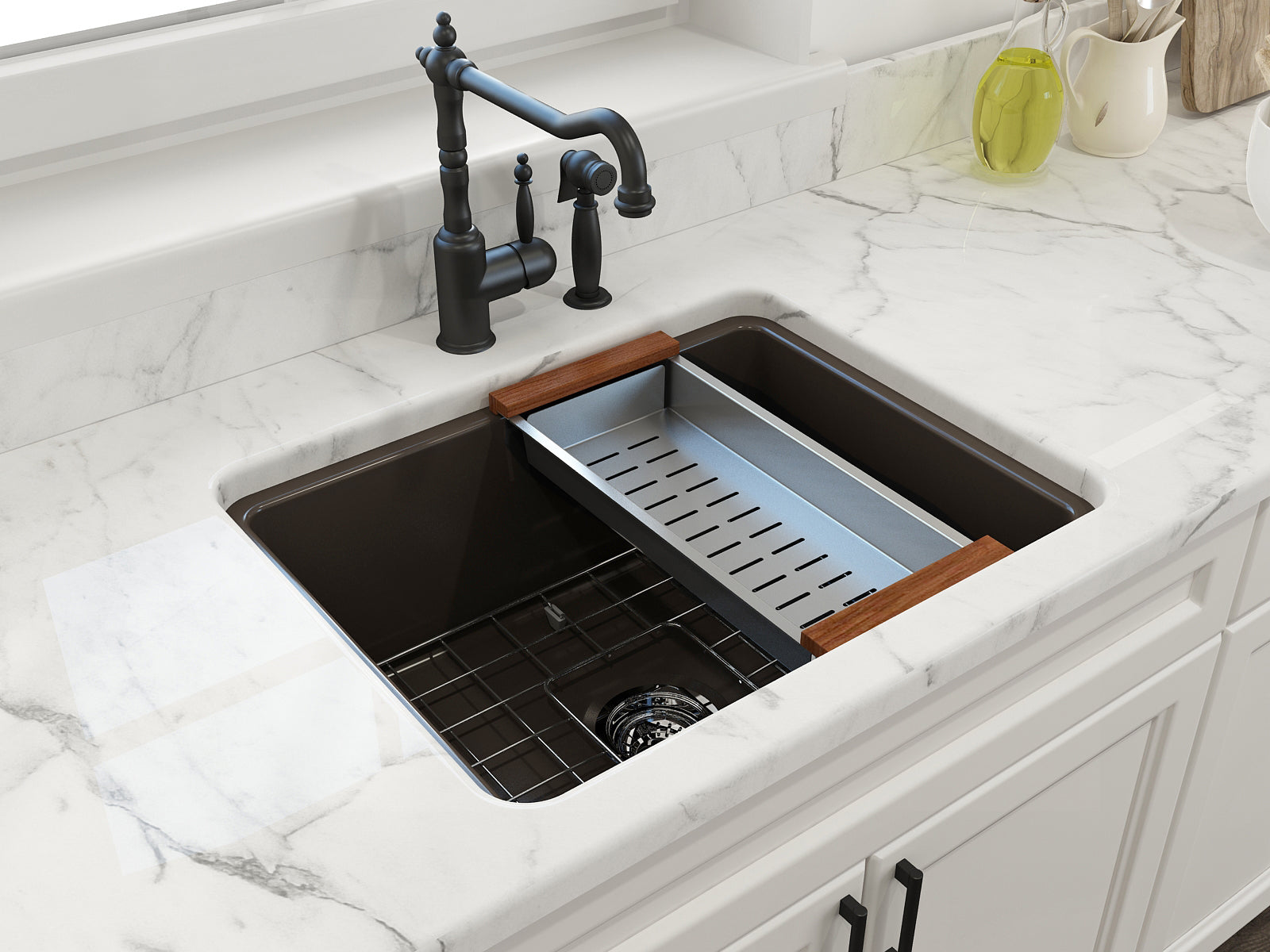 BOCCHI Sotto 24" Dual Mount Fireclay Kitchen Sink Kit with Accessories, Matte Brown, 1627-025-0120