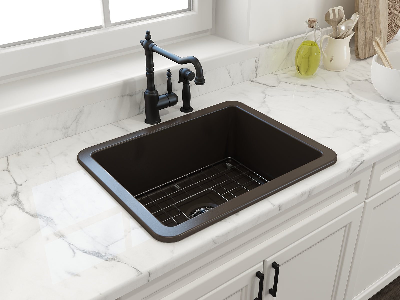 BOCCHI Sotto 24" Dual Mount Fireclay Kitchen Sink Kit with Accessories, Matte Brown, 1627-025-0120