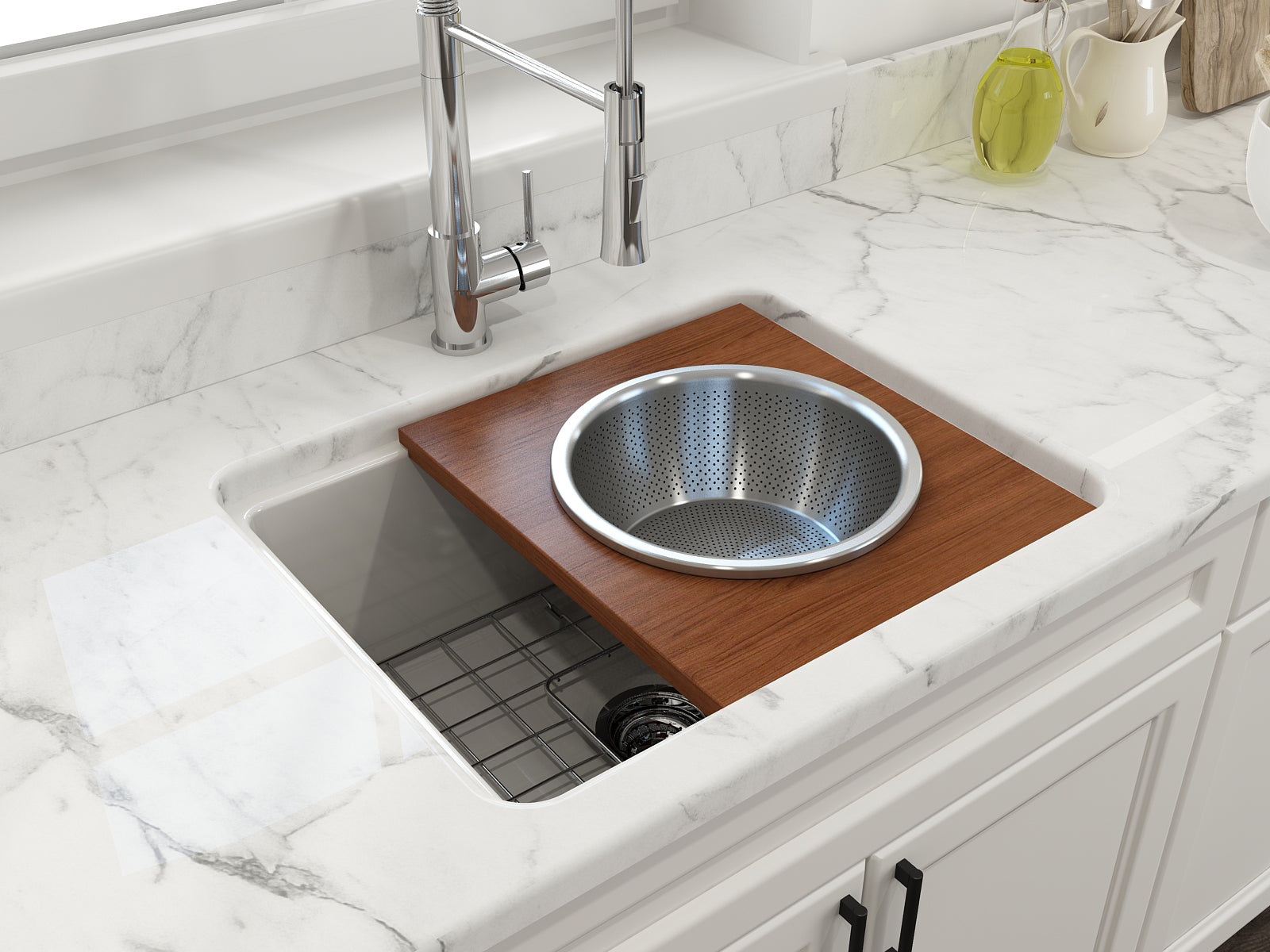 BOCCHI Wood Board with Large Round Stainless Steel Mixing Bowl and Colander