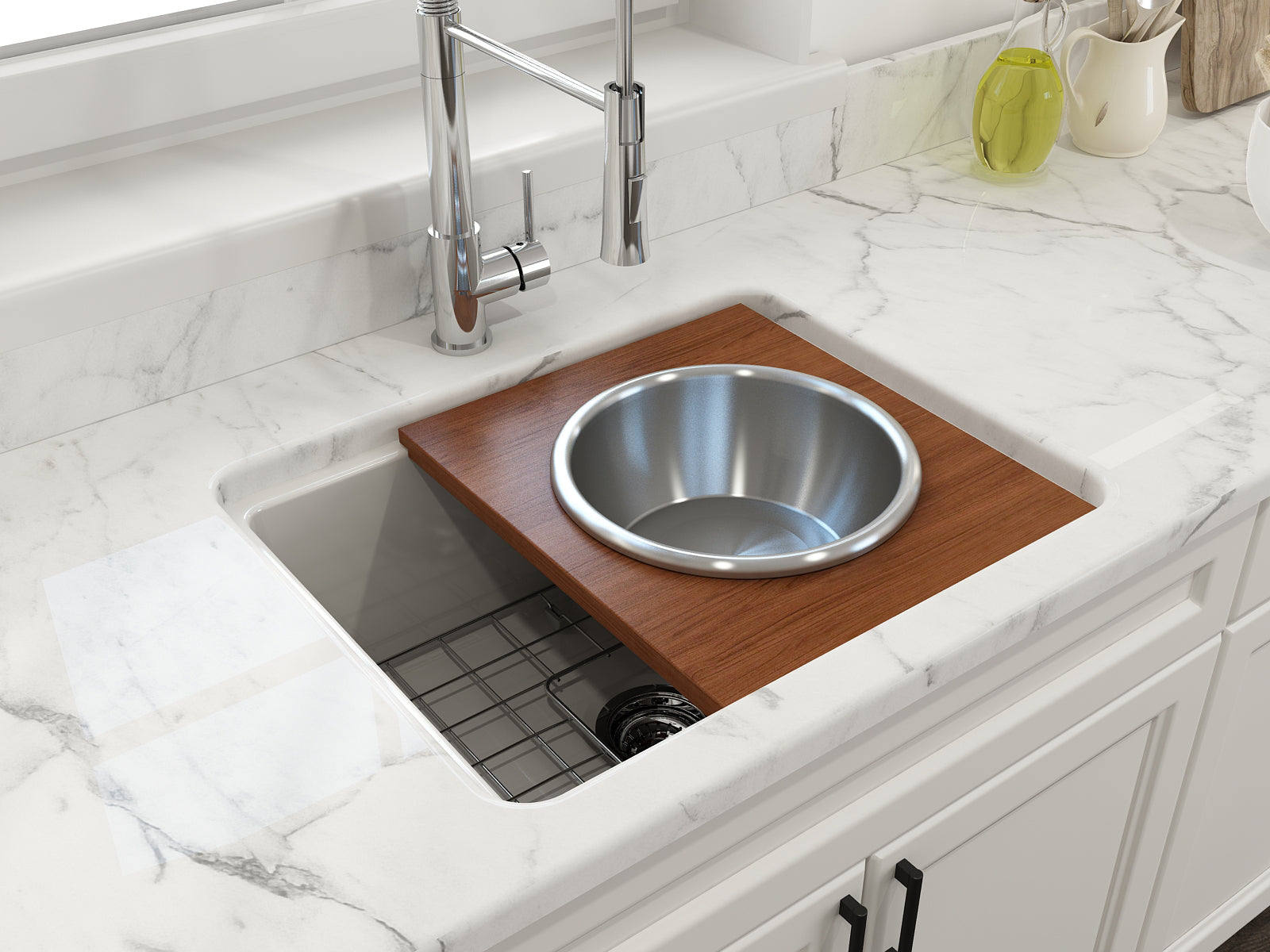BOCCHI Wood Board with Large Round Stainless Steel Mixing Bowl and Colander