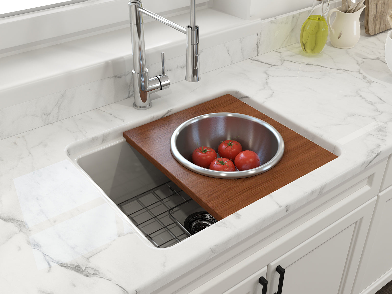 BOCCHI Wood Board with Large Round Stainless Steel Mixing Bowl and Colander