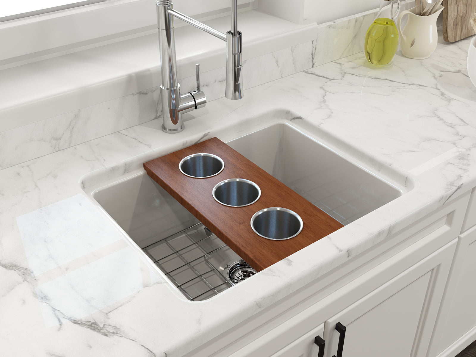 BOCCHI Wood Board with 3 Round Stainless Steel Bowls