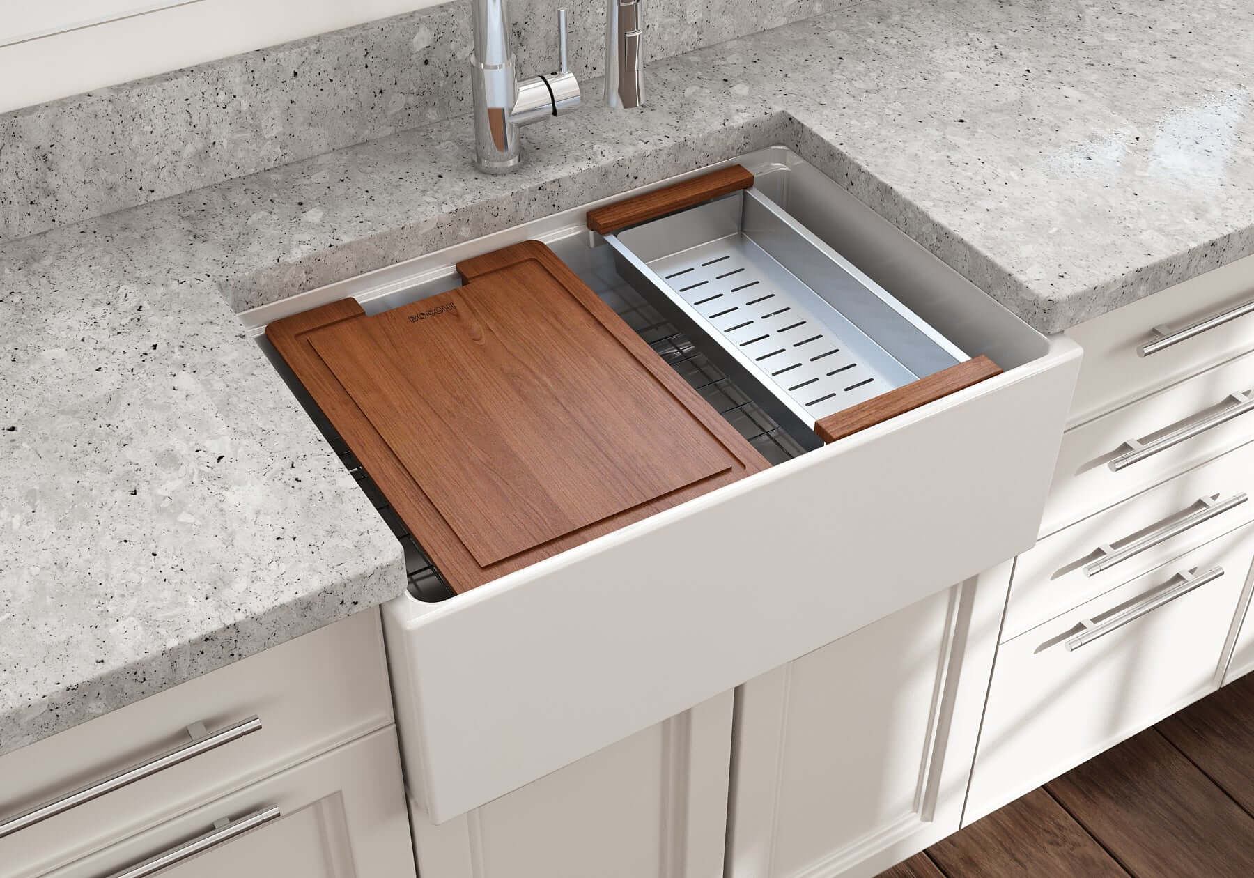 BOCCHI Contempo 27" Fireclay Workstation Farmhouse Sink Kit with Accessories, White, 1628-001-0120