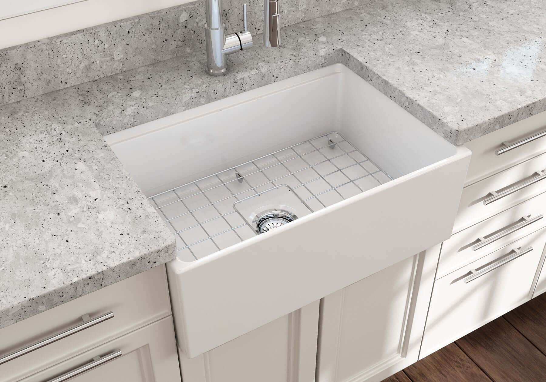 BOCCHI Contempo 27" Fireclay Workstation Farmhouse Sink Kit with Accessories, White, 1628-001-0120