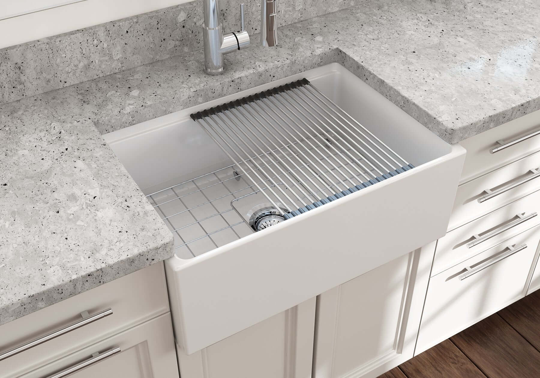 BOCCHI Contempo 27" Fireclay Workstation Farmhouse Sink Kit with Accessories, White, 1628-001-0120