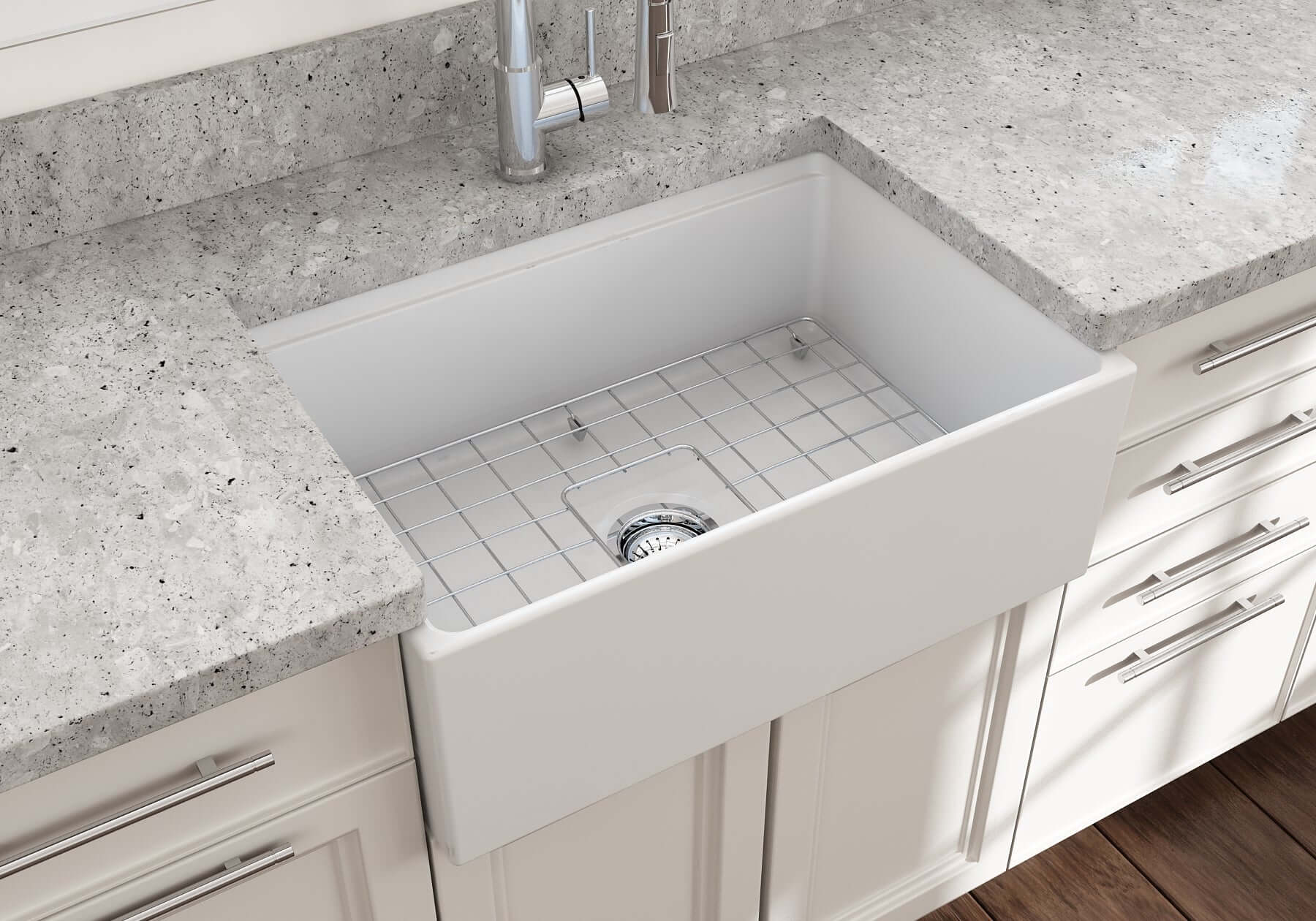 BOCCHI Contempo 27" Fireclay Workstation Farmhouse Sink Kit with Accessories, Matte White, 1628-002-0120