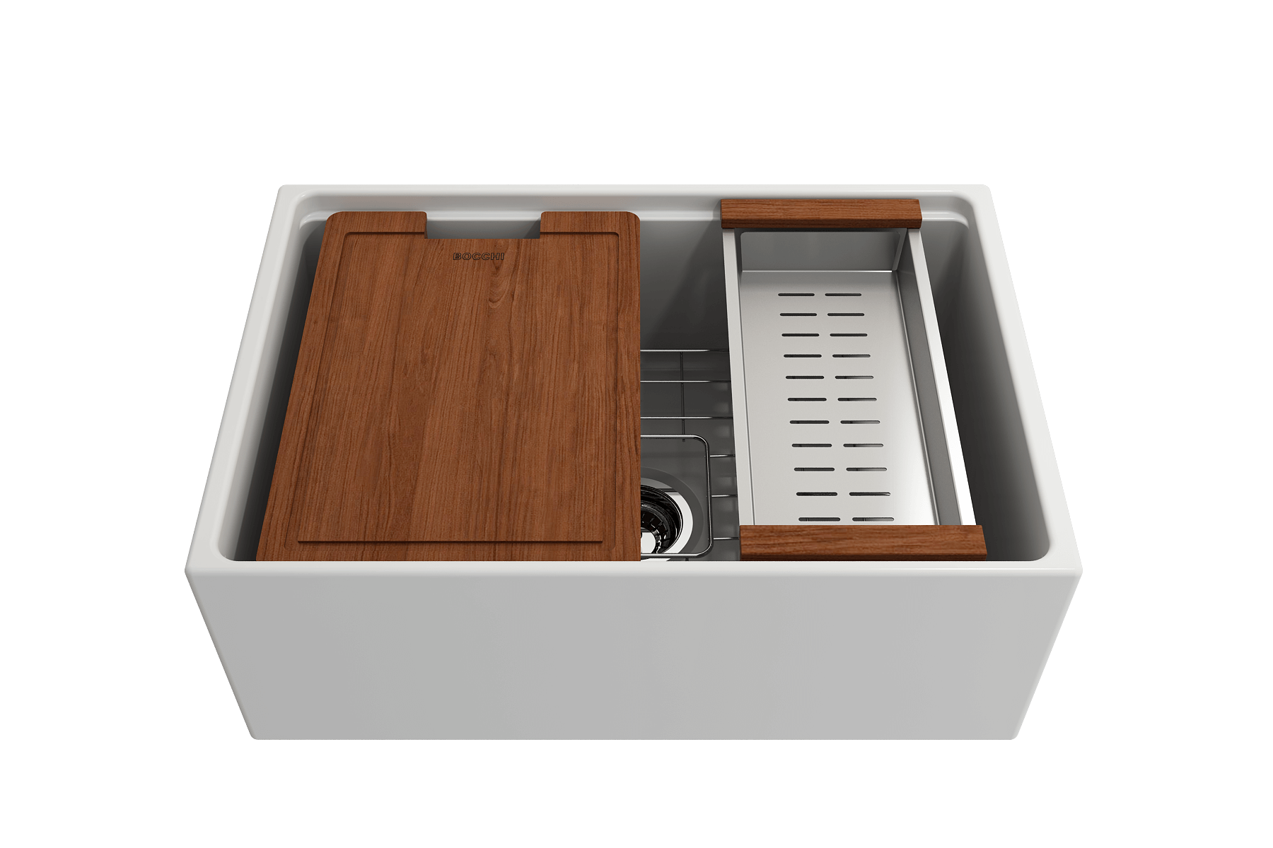 BOCCHI Contempo 27" Fireclay Workstation Farmhouse Sink Kit with Accessories, Matte White, 1628-002-0120