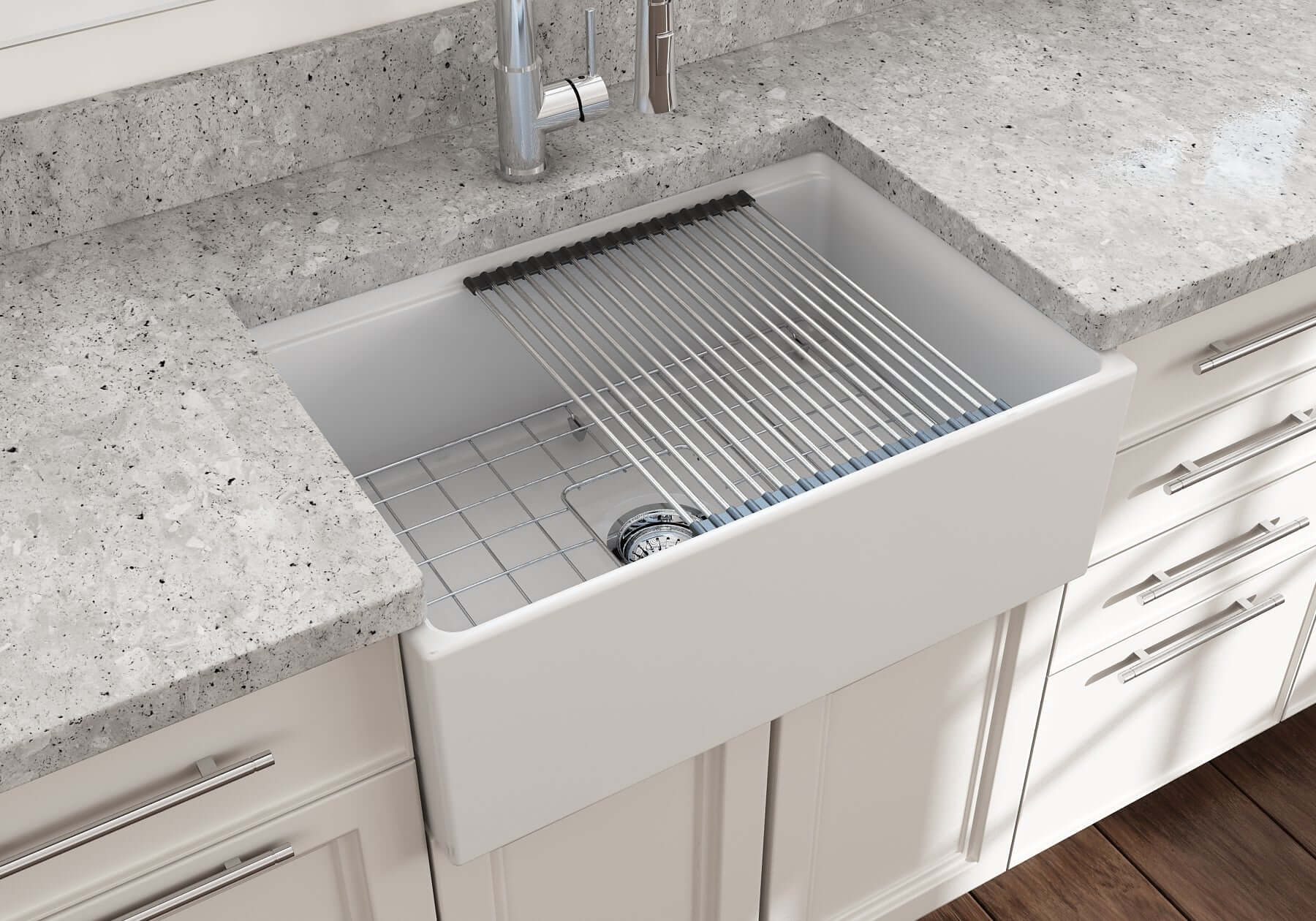 BOCCHI Contempo 27" Fireclay Workstation Farmhouse Sink Kit with Accessories, Matte White, 1628-002-0120