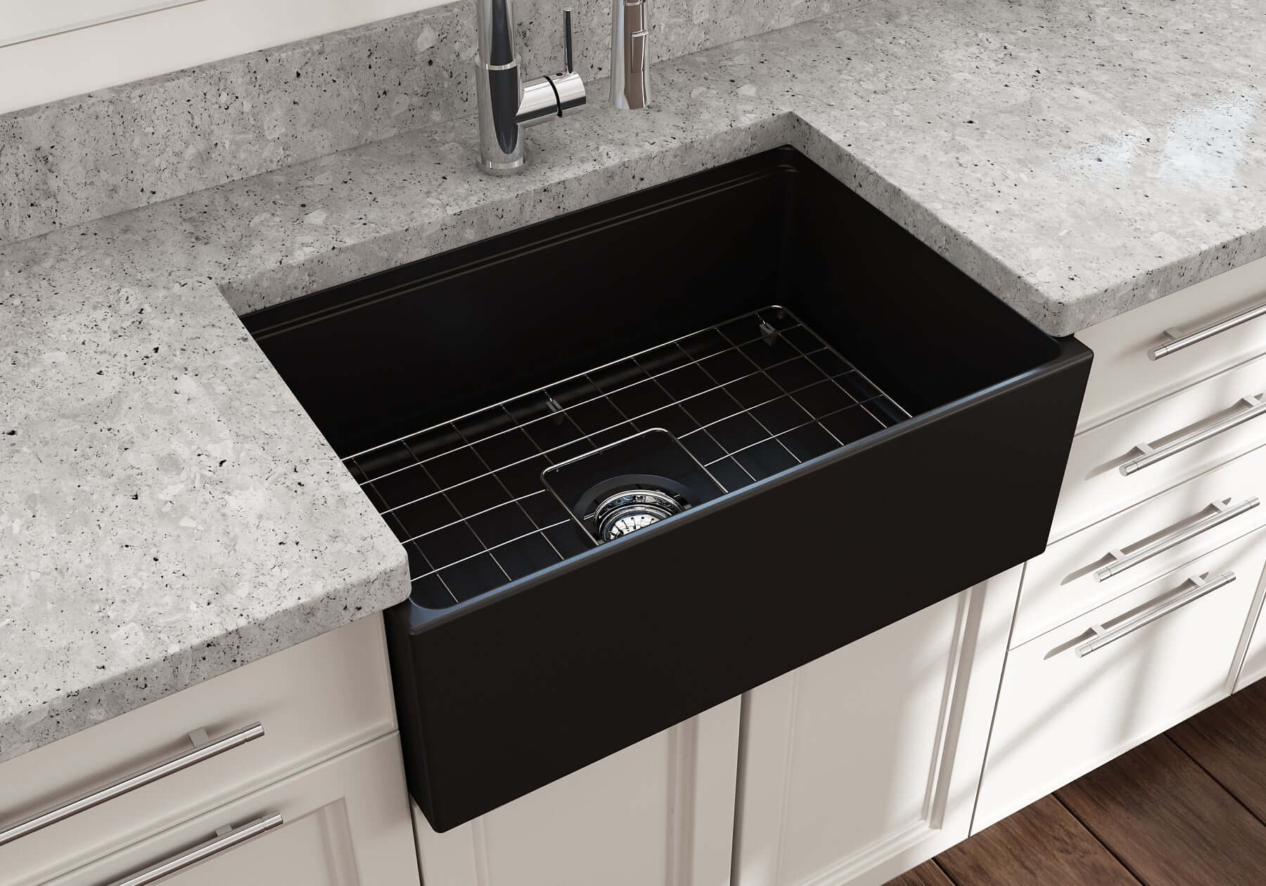 BOCCHI Contempo 27" Fireclay Workstation Farmhouse Sink Kit with Accessories, Matte Black, 1628-004-0120