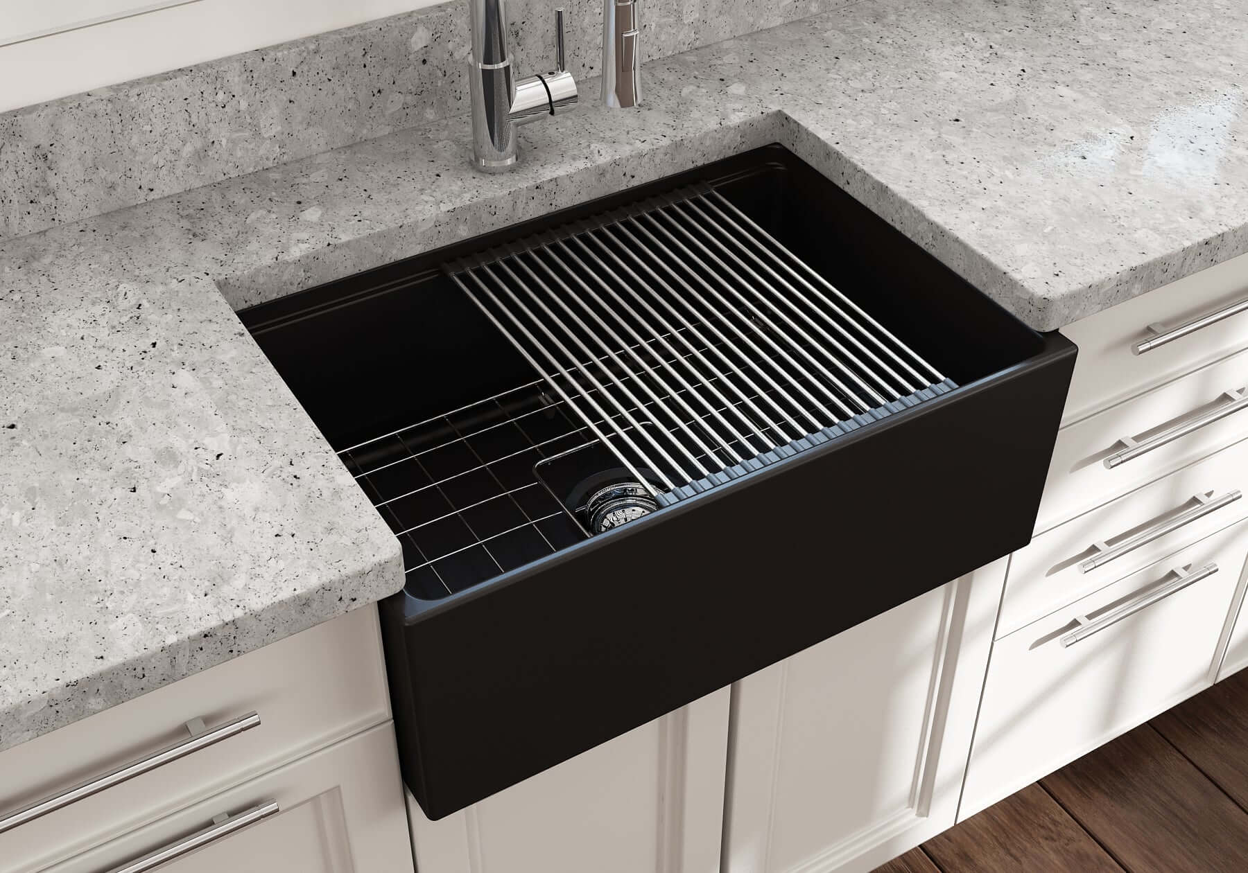 BOCCHI Contempo 27" Fireclay Workstation Farmhouse Sink Kit with Accessories, Matte Black, 1628-004-0120