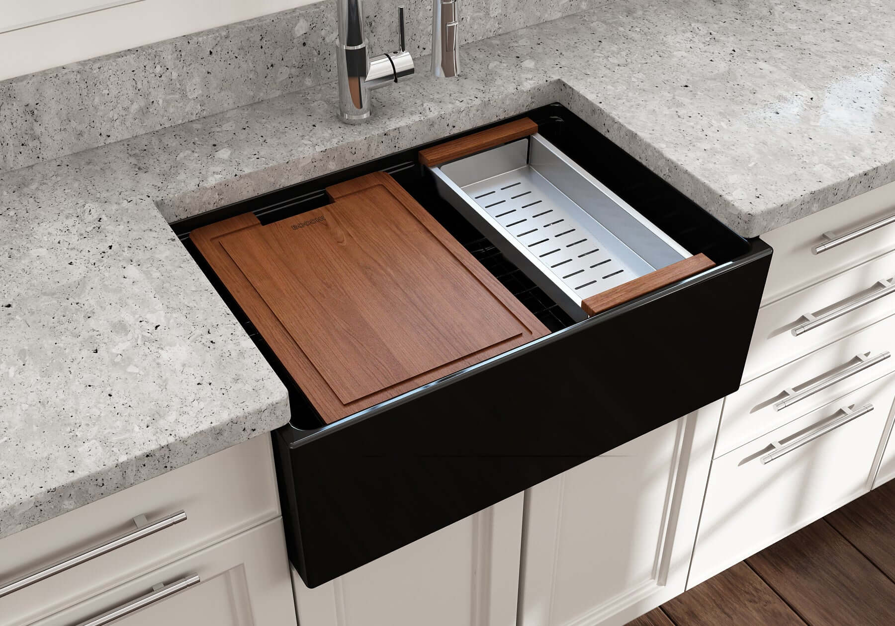 BOCCHI Contempo 27" Fireclay Workstation Farmhouse Sink Kit with Accessories, Black, 1628-005-0120