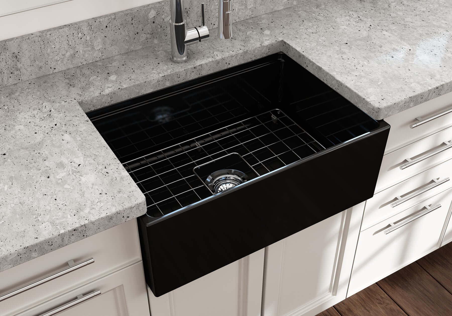 BOCCHI Contempo 27" Fireclay Workstation Farmhouse Sink Kit with Accessories, Black, 1628-005-0120