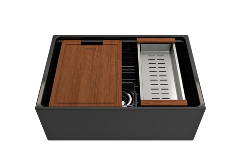 BOCCHI Contempo 27" Fireclay Workstation Farmhouse Sink Kit with Accessories, Black, 1628-005-0120