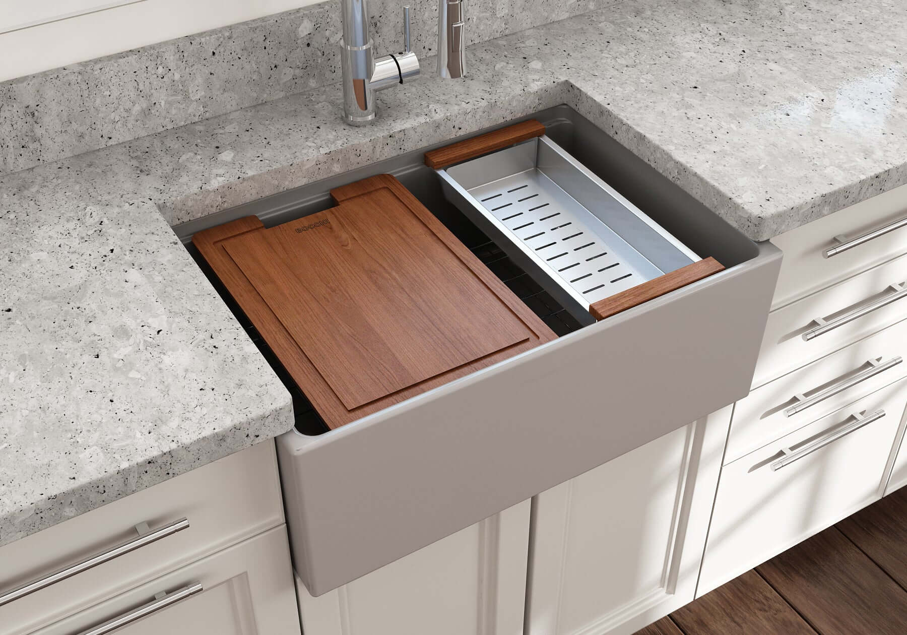 BOCCHI Contempo 27" Fireclay Workstation Farmhouse Sink Kit with Accessories, Matte Gray, 1628-006-0120
