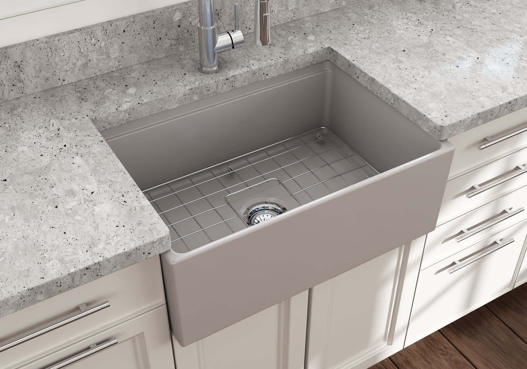 BOCCHI Contempo 27" Fireclay Workstation Farmhouse Sink Kit with Accessories, Matte Gray, 1628-006-0120