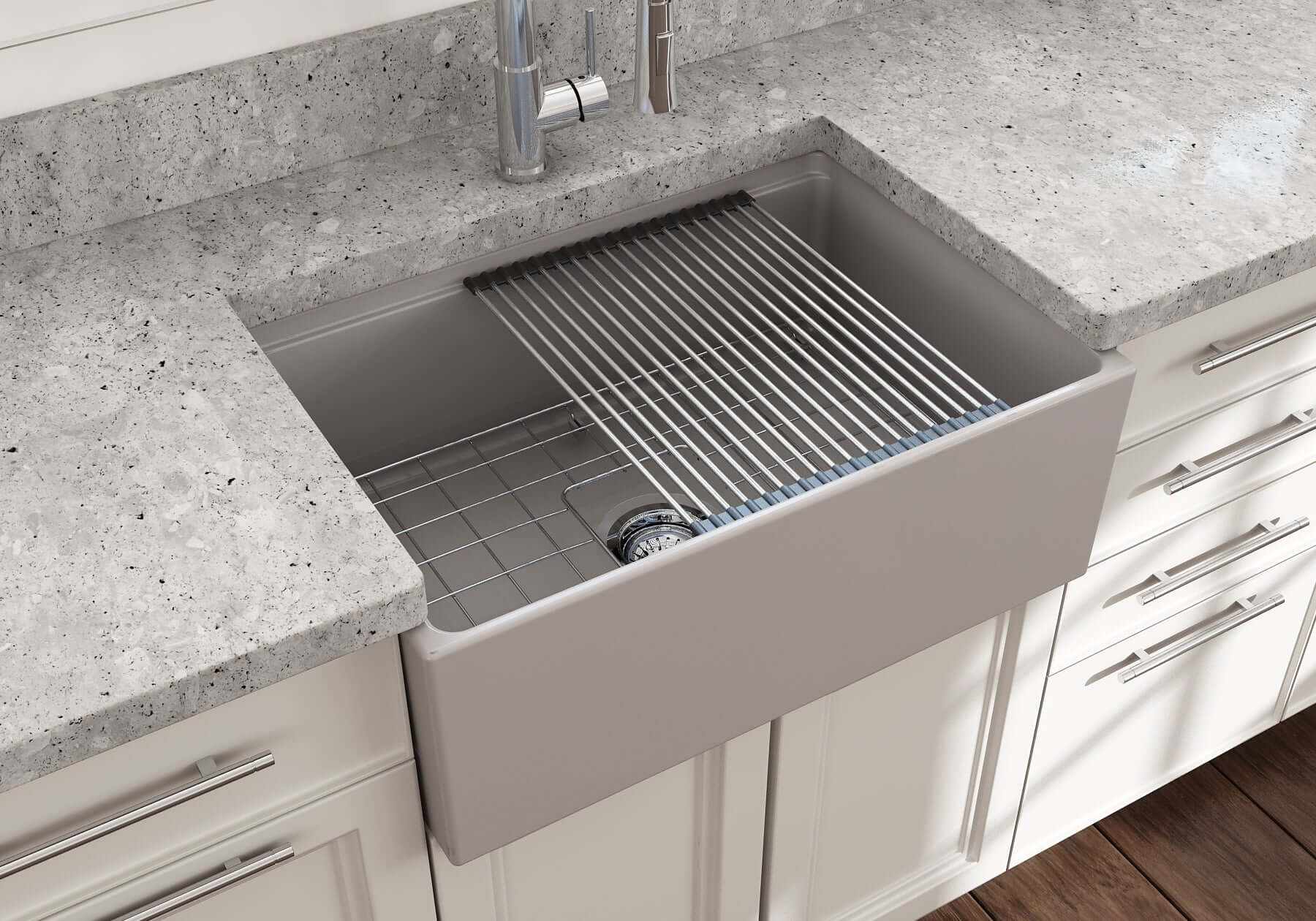 BOCCHI Contempo 27" Fireclay Workstation Farmhouse Sink Kit with Accessories, Matte Gray, 1628-006-0120