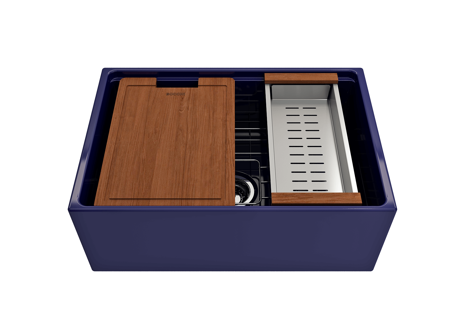 BOCCHI Contempo 27" Fireclay Workstation Farmhouse Sink Kit with Accessories, Sapphire Blue, 1628-010-0120