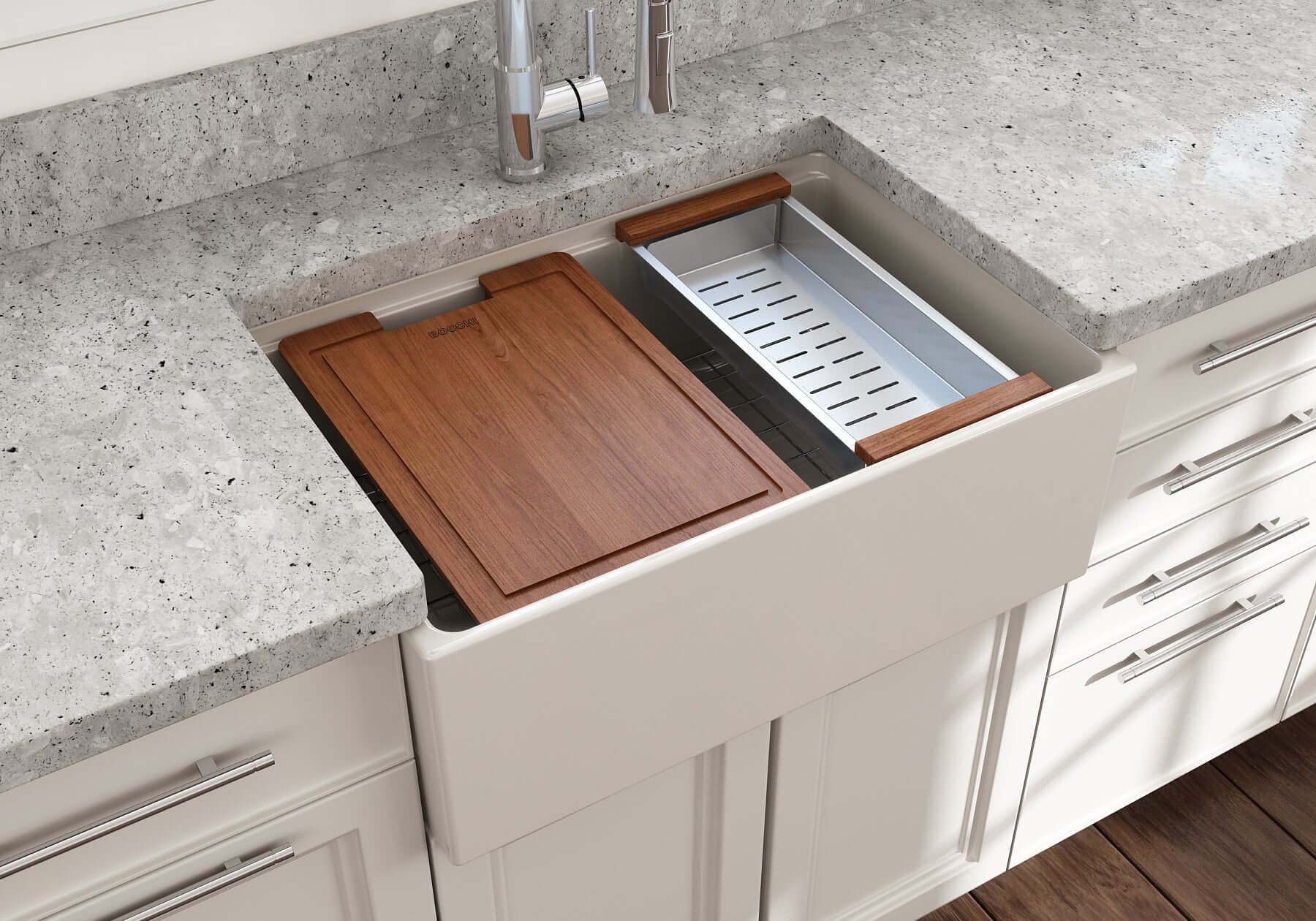 BOCCHI Contempo 27" Fireclay Workstation Farmhouse Sink Kit with Accessories, Biscuit, 1628-014-0120