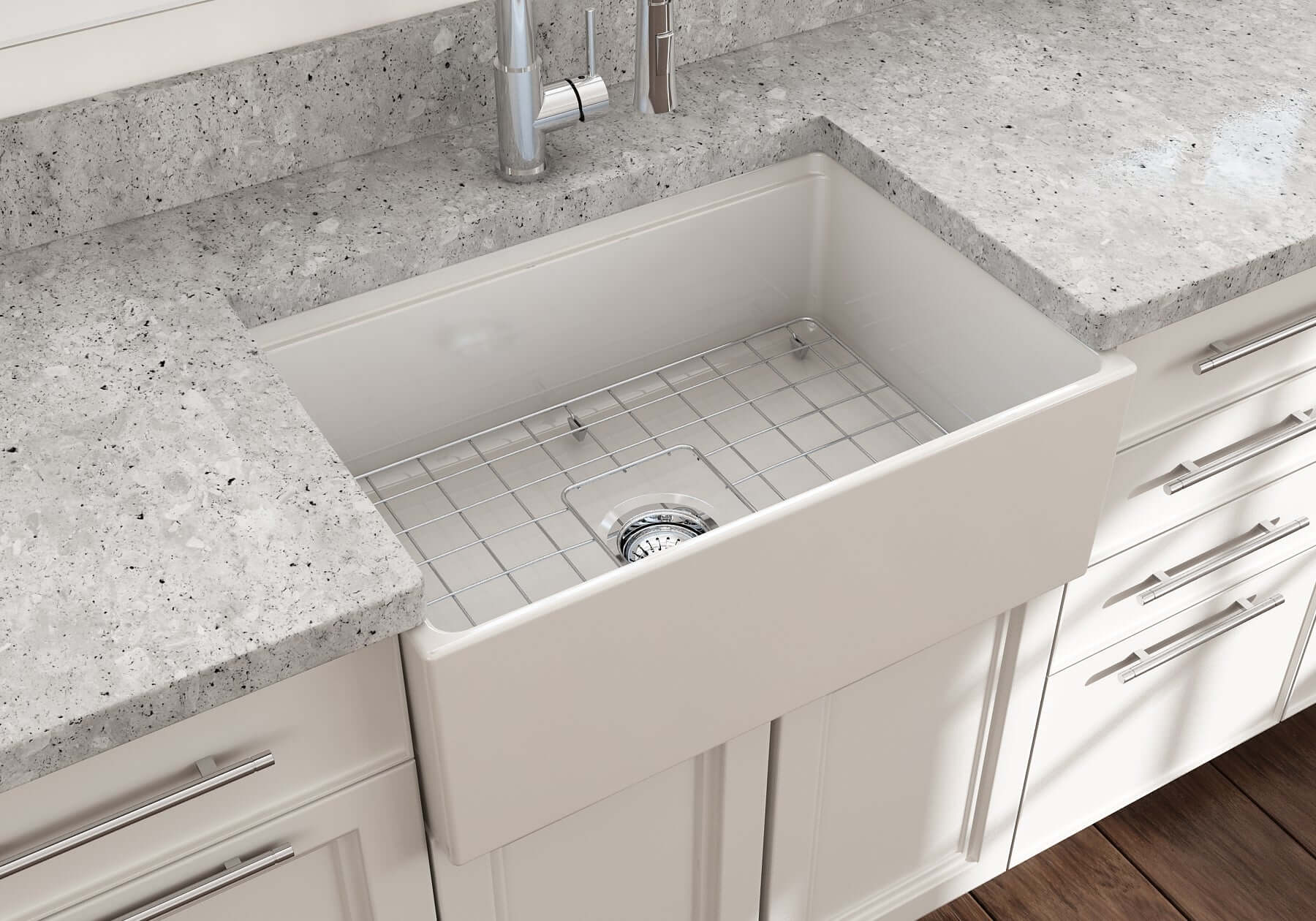 BOCCHI Contempo 27" Fireclay Workstation Farmhouse Sink Kit with Accessories, Biscuit, 1628-014-0120