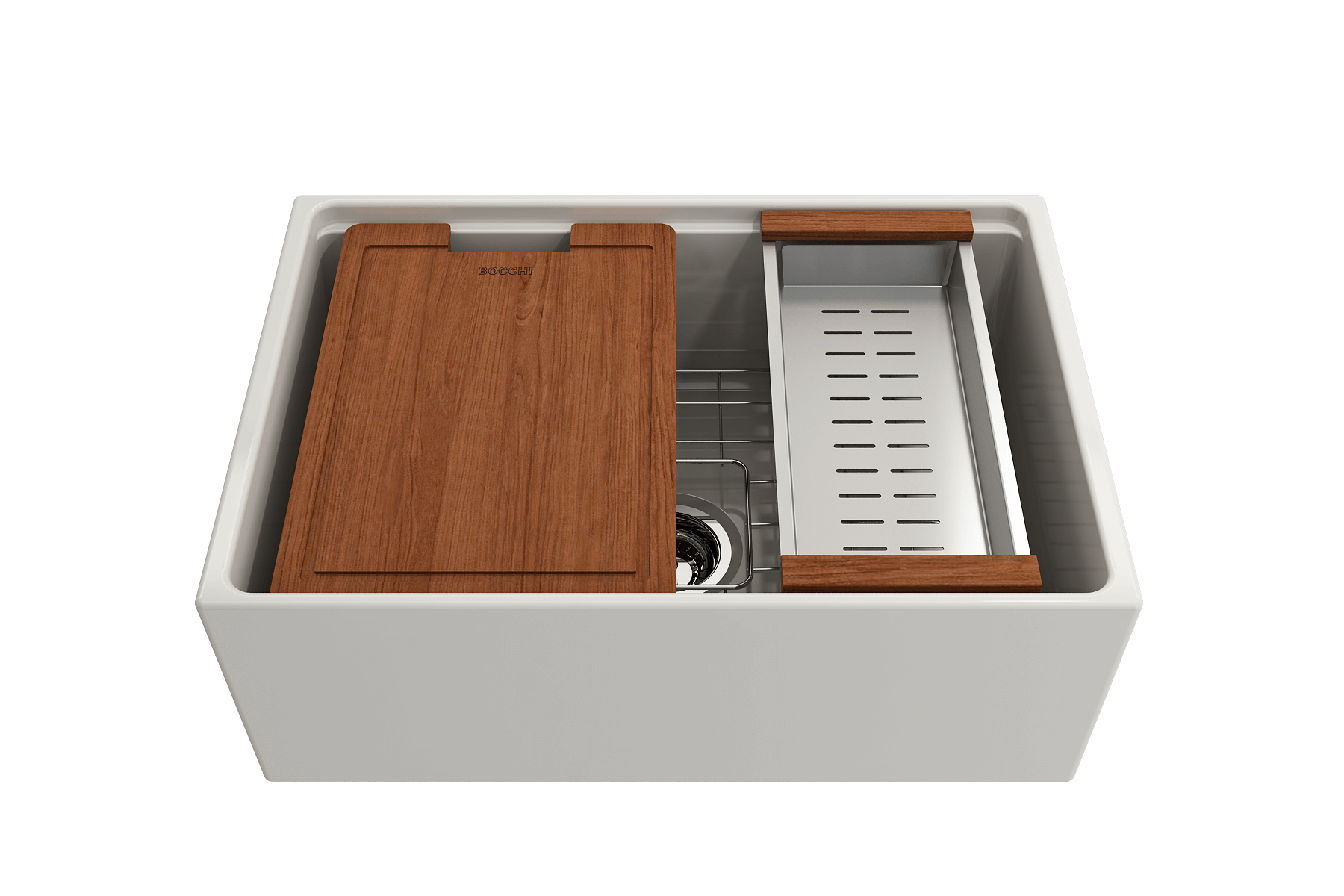 BOCCHI Contempo 27" Fireclay Workstation Farmhouse Sink Kit with Accessories, Biscuit, 1628-014-0120