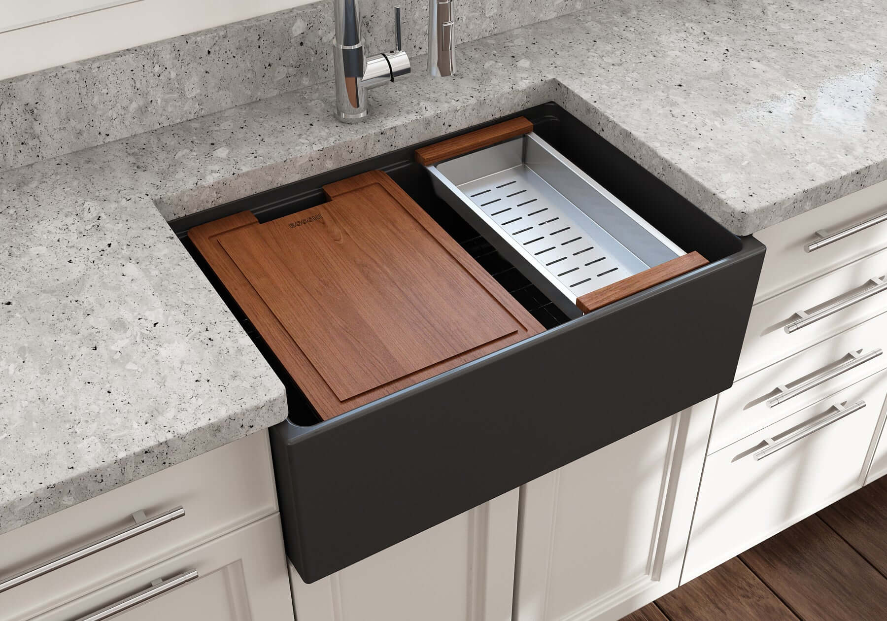 BOCCHI Contempo 27" Fireclay Workstation Farmhouse Sink Kit with Accessories, Matte Dark Gray, 1628-020-0120
