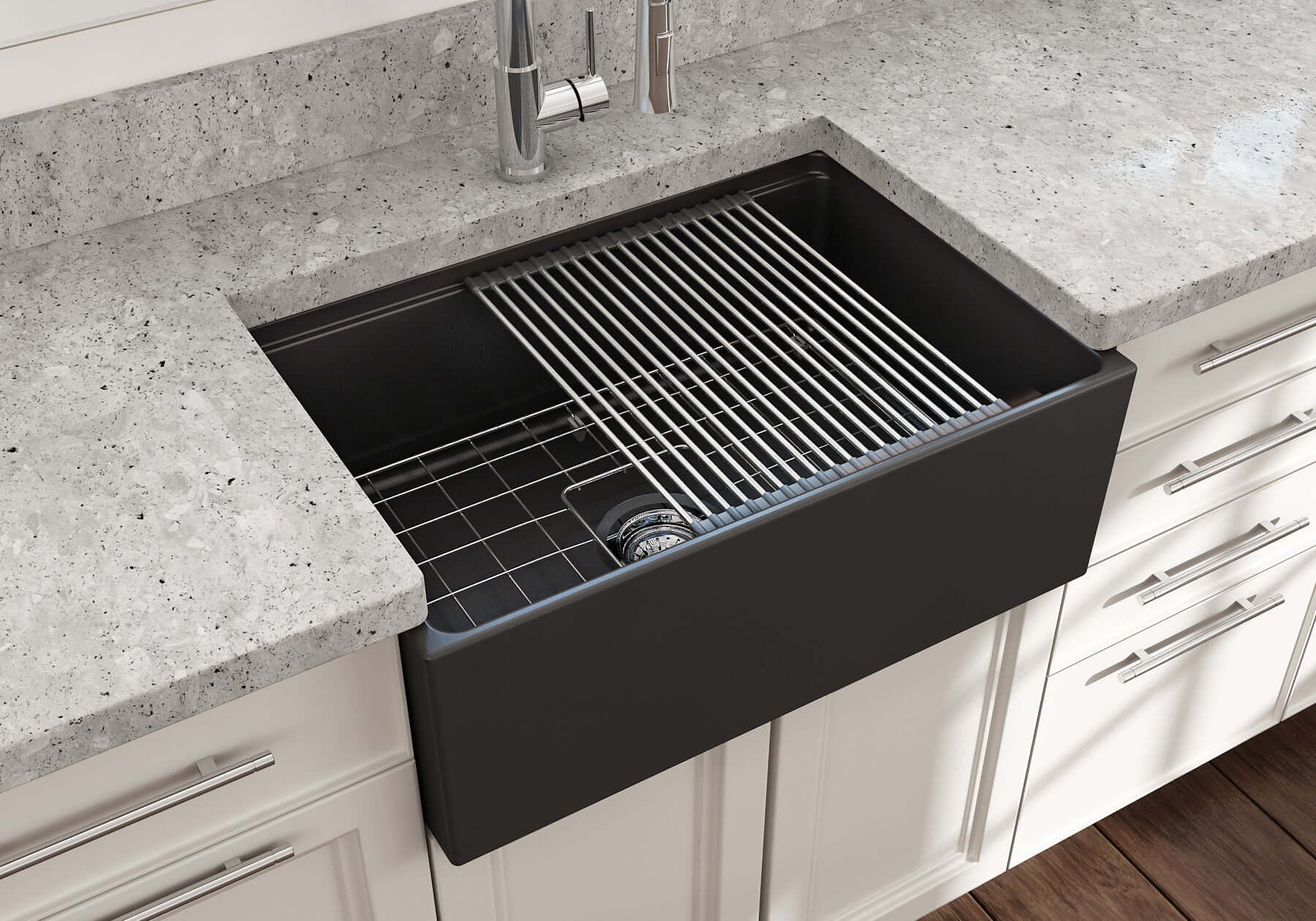 BOCCHI Contempo 27" Fireclay Workstation Farmhouse Sink Kit with Accessories, Matte Dark Gray, 1628-020-0120