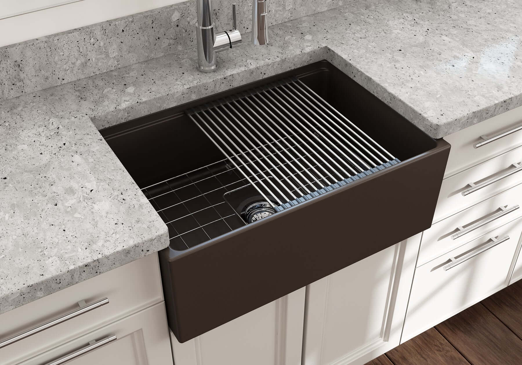 BOCCHI Contempo 27" Fireclay Workstation Farmhouse Sink Kit with Accessories, Matte Brown, 1628-025-0120