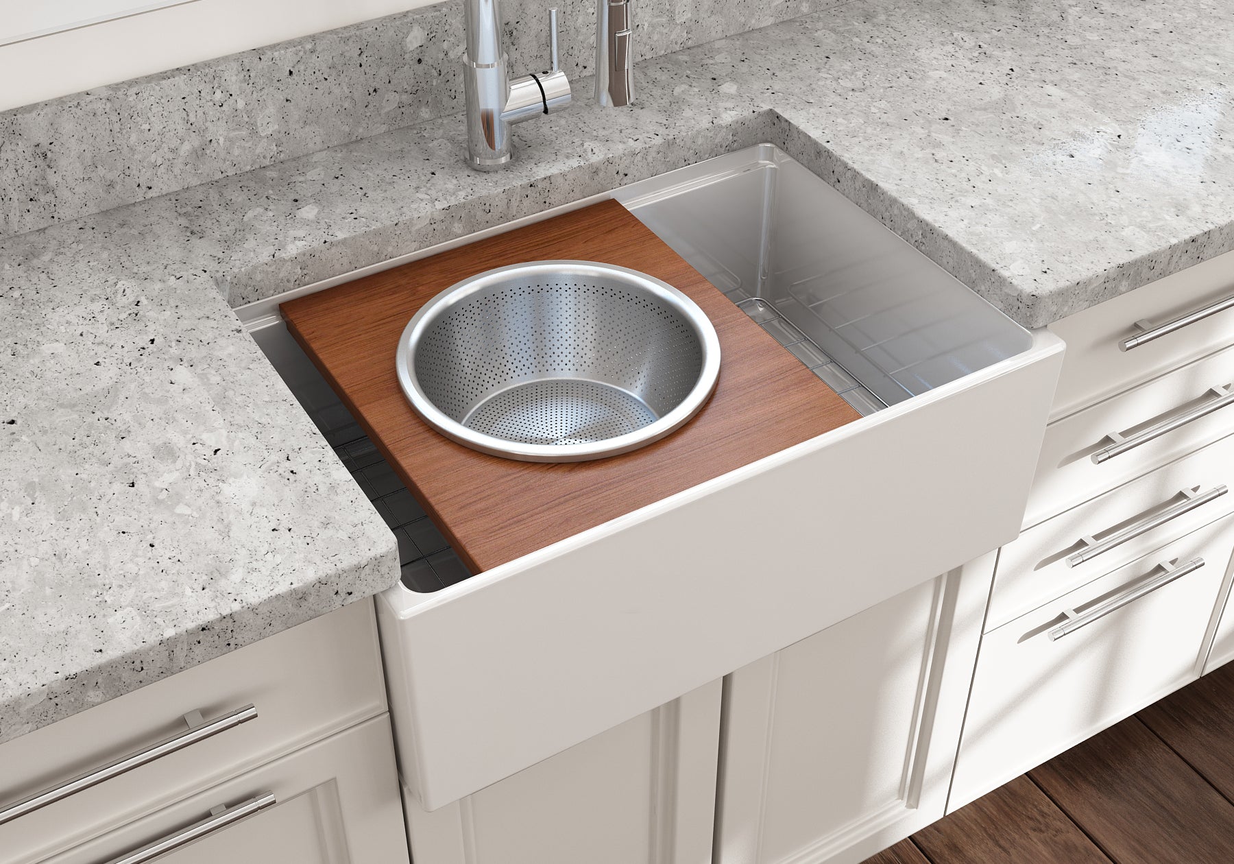 BOCCHI Wood Board with Large Round Stainless Steel Mixing Bowl and Colander