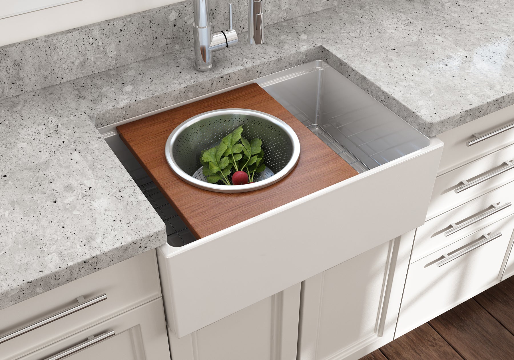 BOCCHI Wood Board with Large Round Stainless Steel Mixing Bowl and Colander