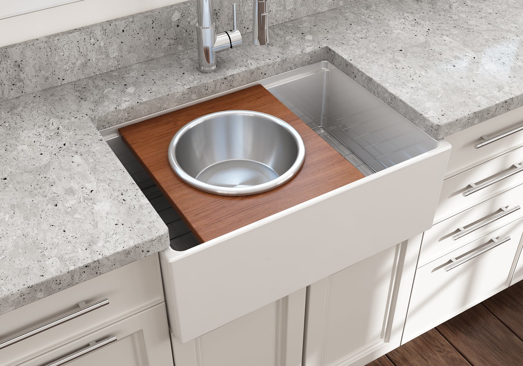 BOCCHI Wood Board with Large Round Stainless Steel Mixing Bowl and Colander