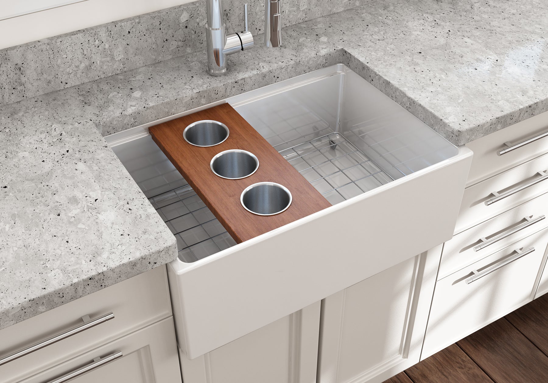 BOCCHI Wood Board with 3 Round Stainless Steel Bowls