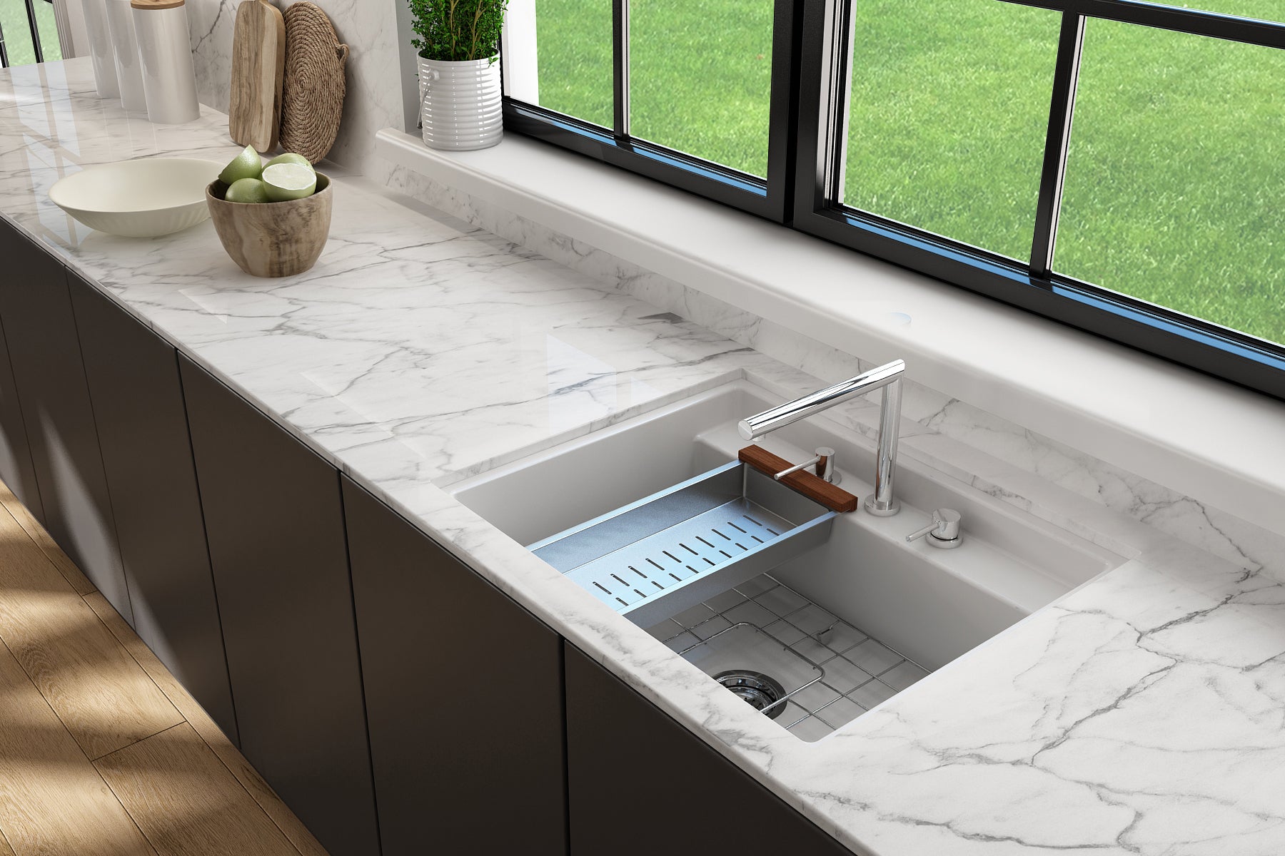 BOCCHI Baveno Uno 27" Dual Mount Fireclay Workstation Kitchen Sink Kit with Accessories, Matte White, 1633-002-0127