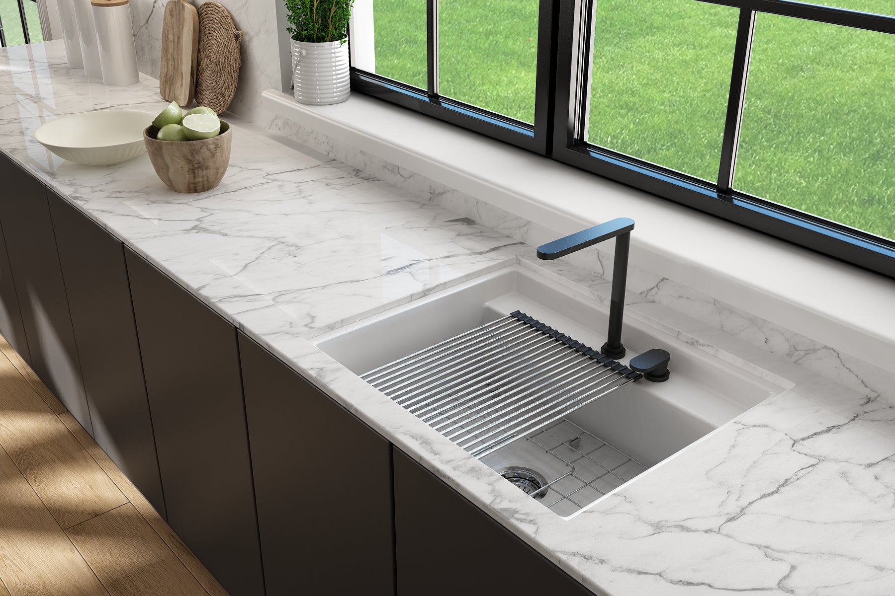 BOCCHI Baveno Uno 27" Dual Mount Fireclay Workstation Kitchen Sink Kit with Accessories, Matte White, 1633-002-0132