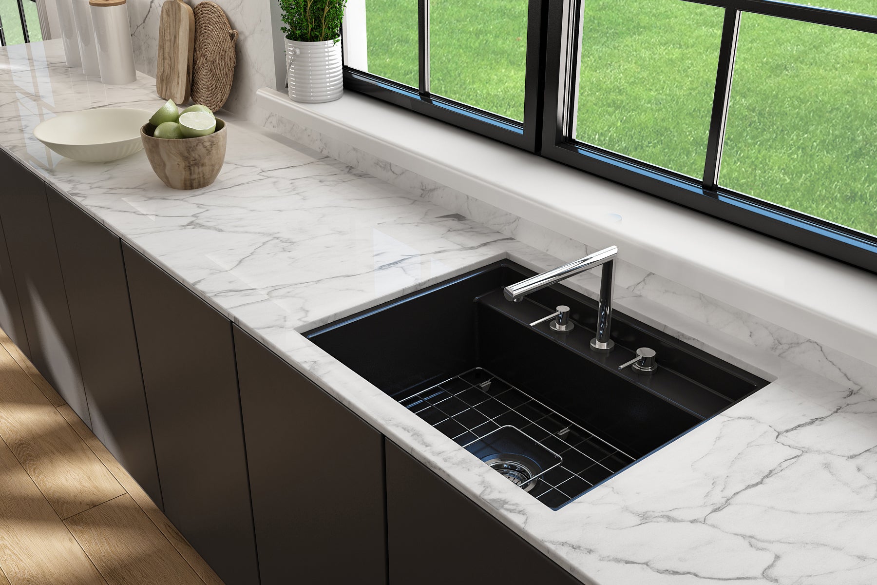 BOCCHI Baveno Uno 27" Dual Mount Fireclay Workstation Kitchen Sink Kit with Accessories, Matte Black, 1633-004-0127