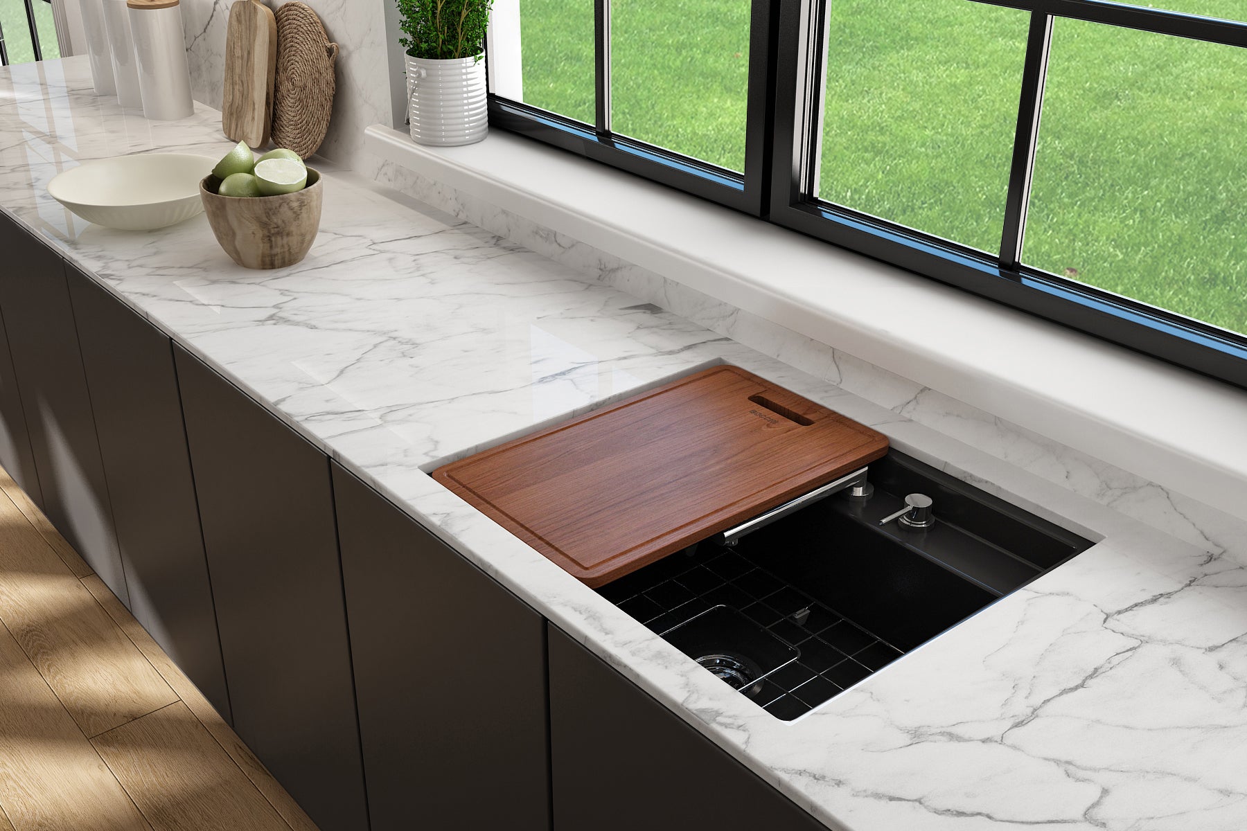 BOCCHI Baveno Uno 27" Dual Mount Fireclay Workstation Kitchen Sink Kit with Accessories, Matte Black, 1633-004-0127